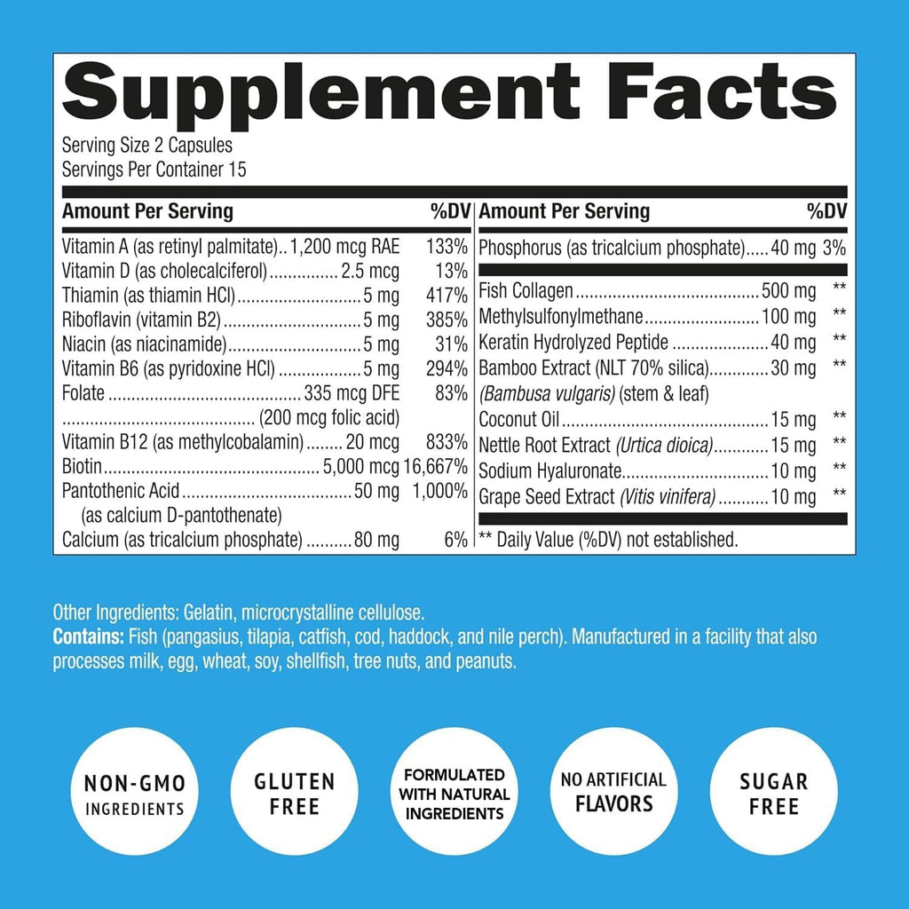 Biotin, Collagen & Keratin with Folate – Hair Growth Vitamins for Women & Men | Gluten Free & GMO Free (120 Caps)