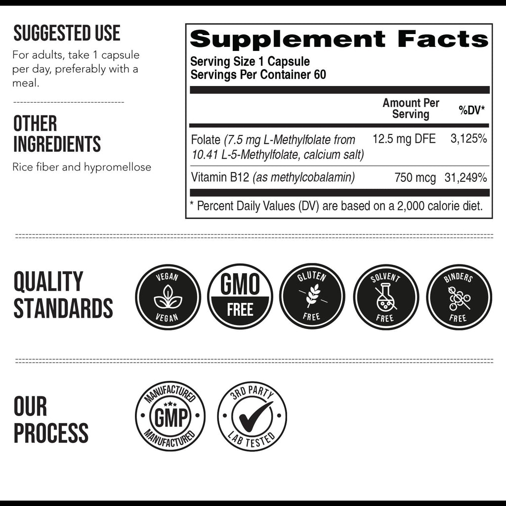 L Methylfolate 7.5mg + Methyl B12 (5-MTHF) - MTHFR Supplement - Bloodstream Ready Folate + B12 Cofactor - 60 Capsules