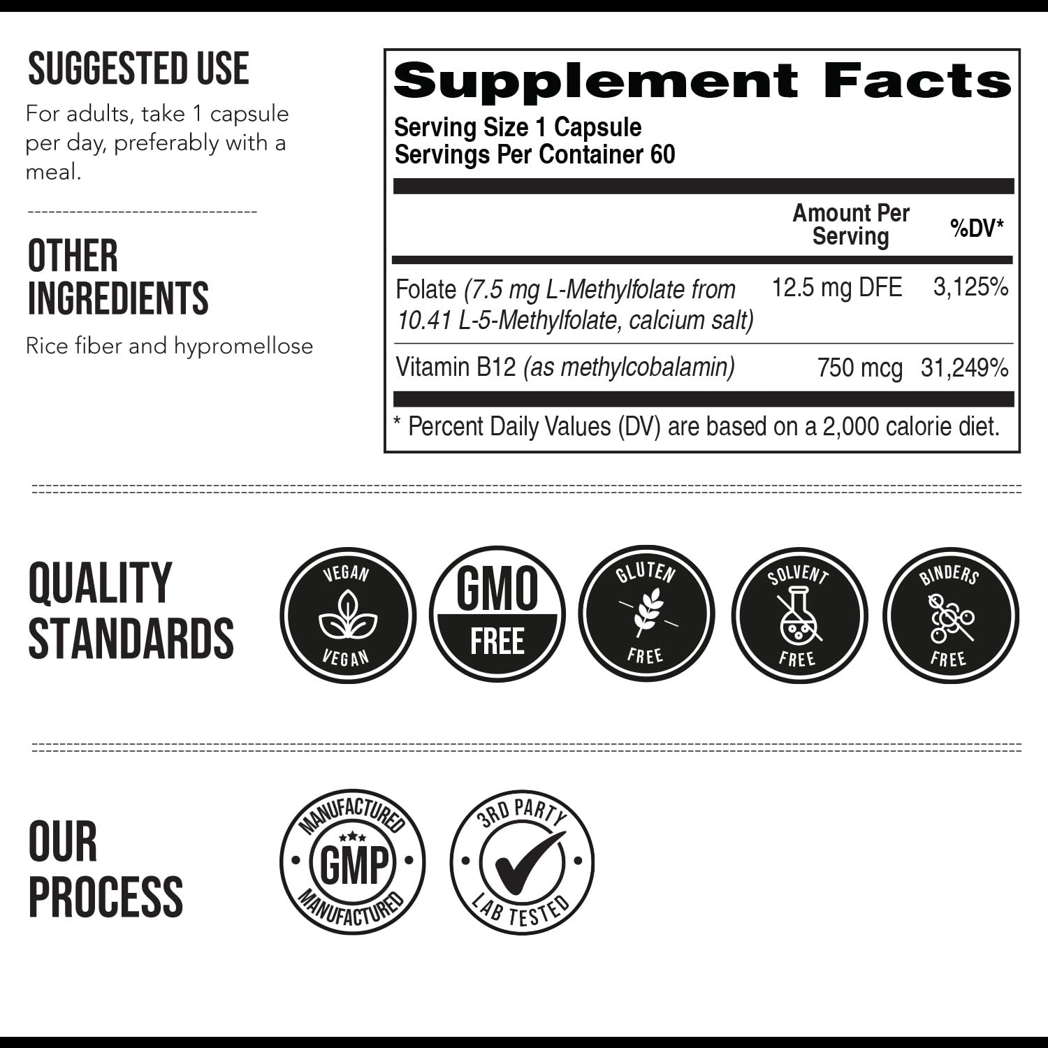 L Methylfolate 7.5mg + Methyl B12 (5-MTHF) - MTHFR Supplement - Bloodstream Ready Folate + B12 Cofactor - 60 Capsules