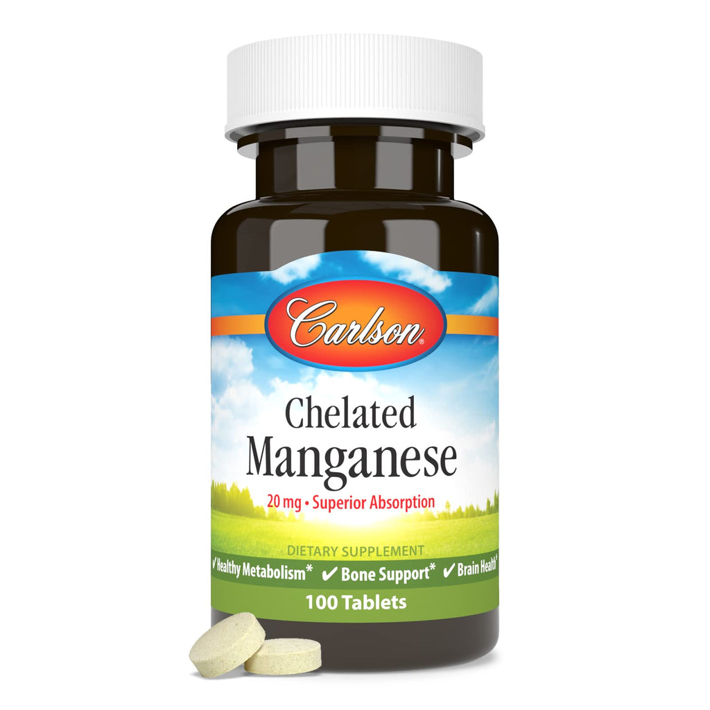 Carlson Chelated Manganese 20 mg | Superior Absorption | 100 Tablets (Pack of 2)
