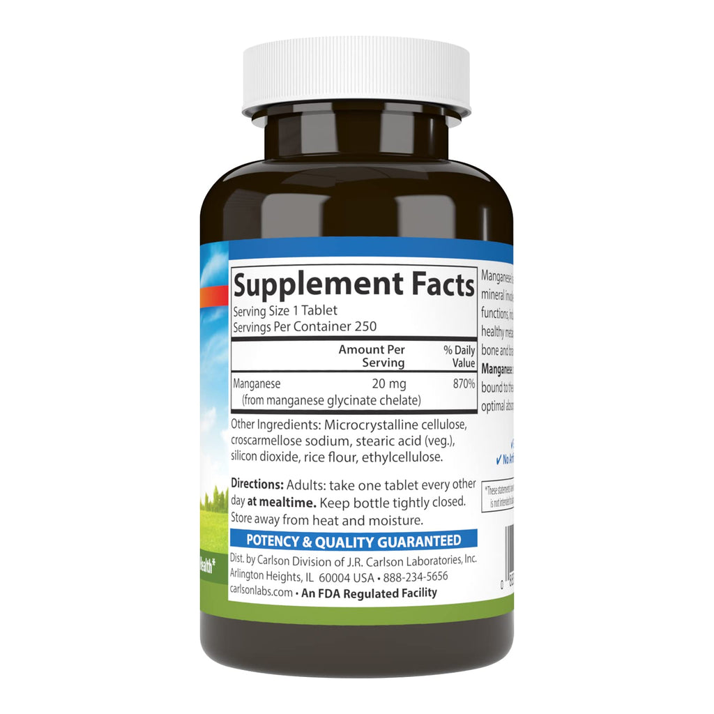 Carlson - Chelated Manganese, 20 mg - Superior Absorption, Healthy Metabolism, Bone Support & Brain Health, 250 Tablets