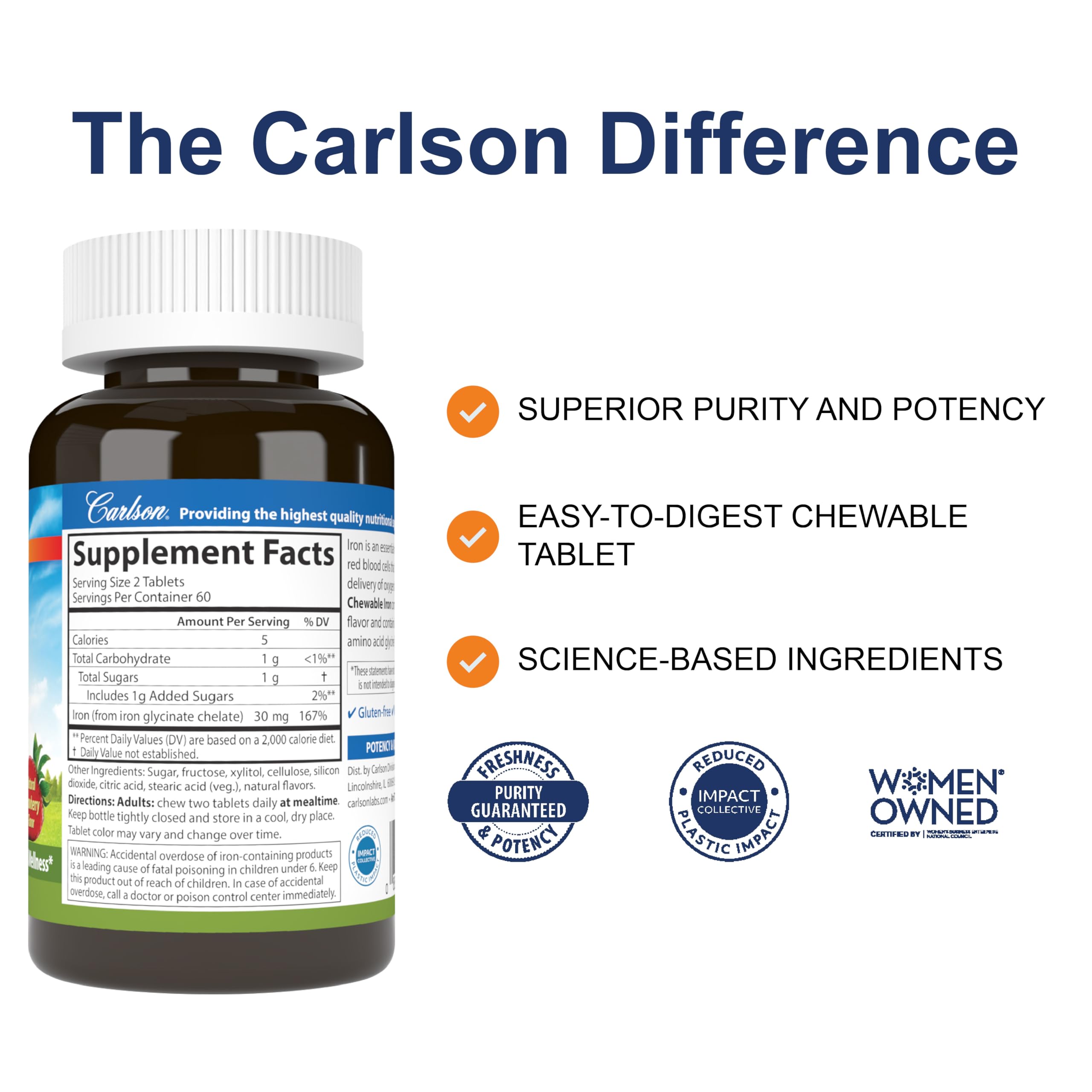 Carlson Chewable Iron 30 mg – Superior Absorption, Blood Health, Energy & Wellness, 120 Tablets, Natural Strawberry Flavor