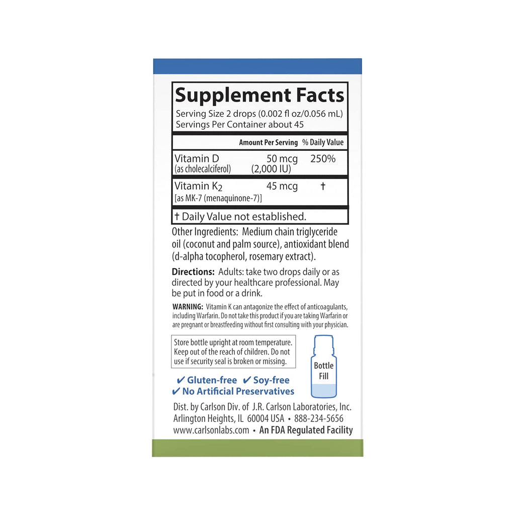 Carlson Super Daily D3 + K2, 50 mcg D3 + 45 mcg MK-7 | Heart & Bone Health | 90 Drops (Pack of 2)