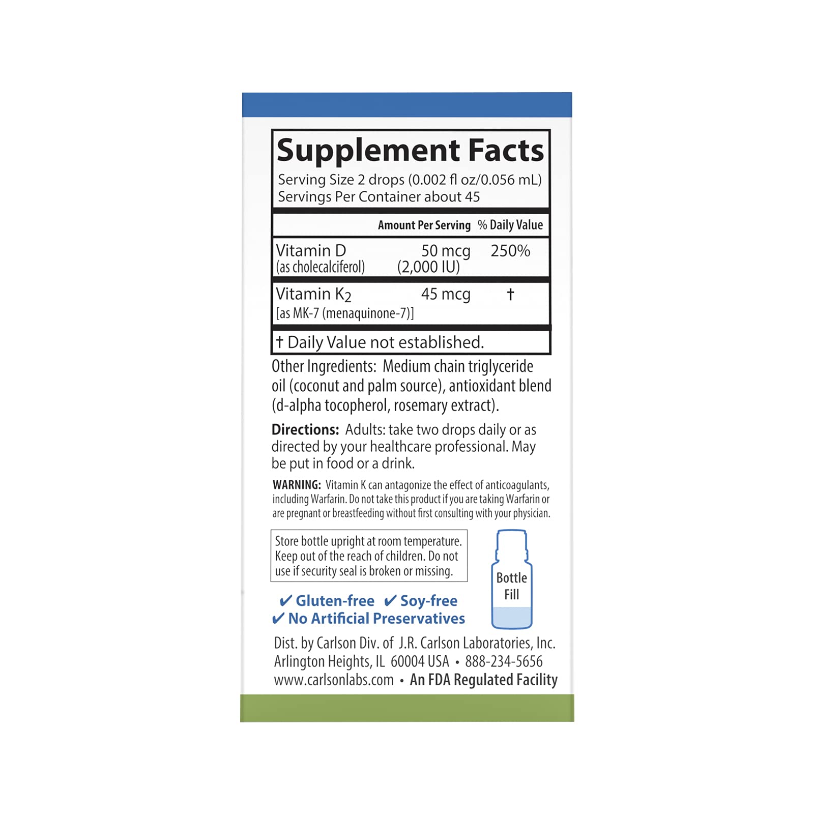 Carlson Super Daily D3 + K2, 50 mcg D3 + 45 mcg MK-7 | Heart & Bone Health | 90 Drops (Pack of 2)