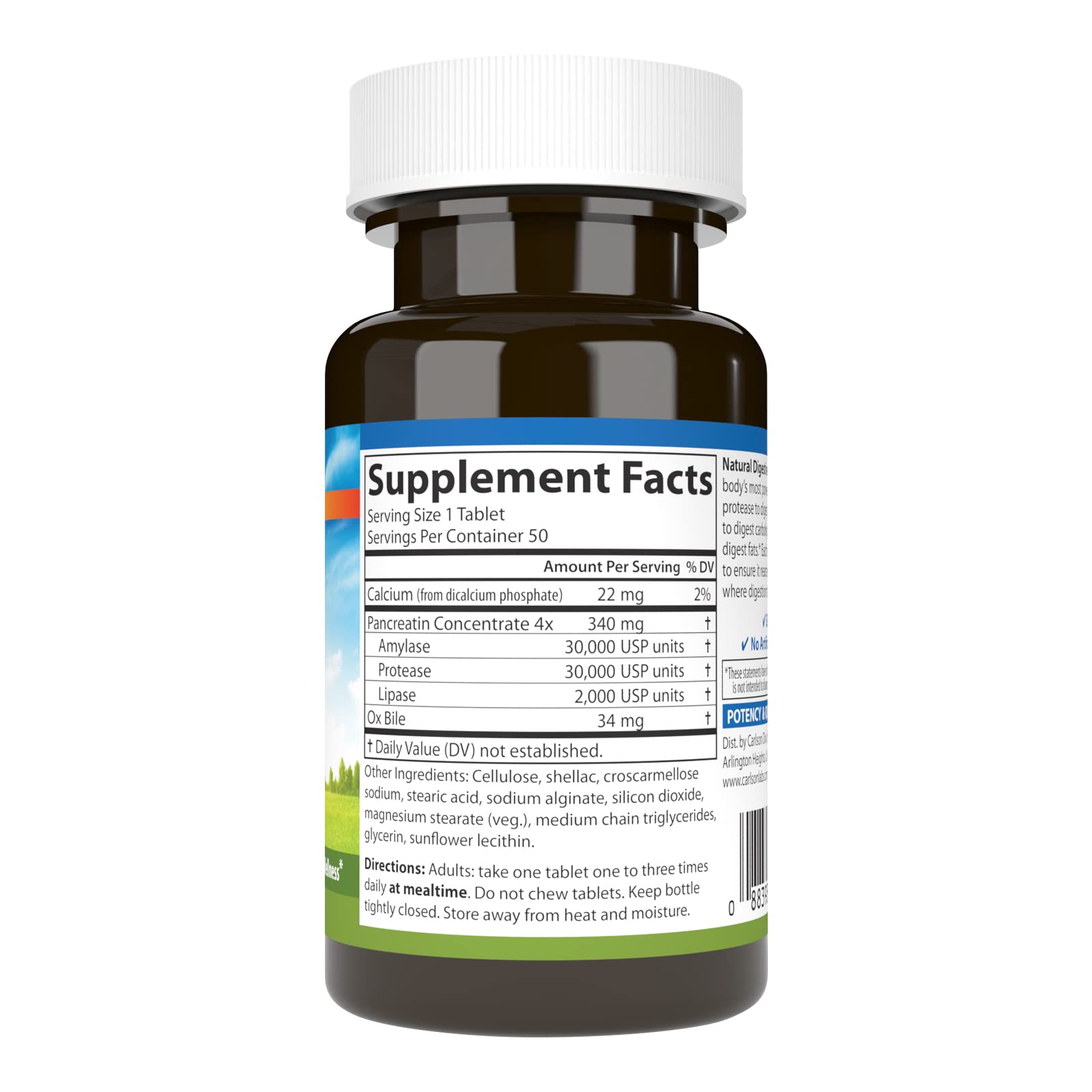 Carlson Natural Digestive Enzymes #34 - Protease, Amylase & Lipase | Digestive Support, 50 Tablets