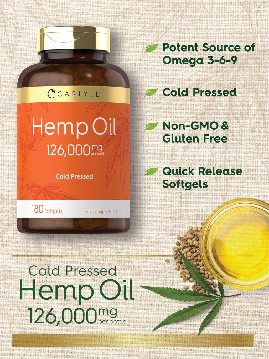 Carlyle Hemp Oil Capsules | 126,000 mg | 180 Softgels | Non-GMO, Gluten Free