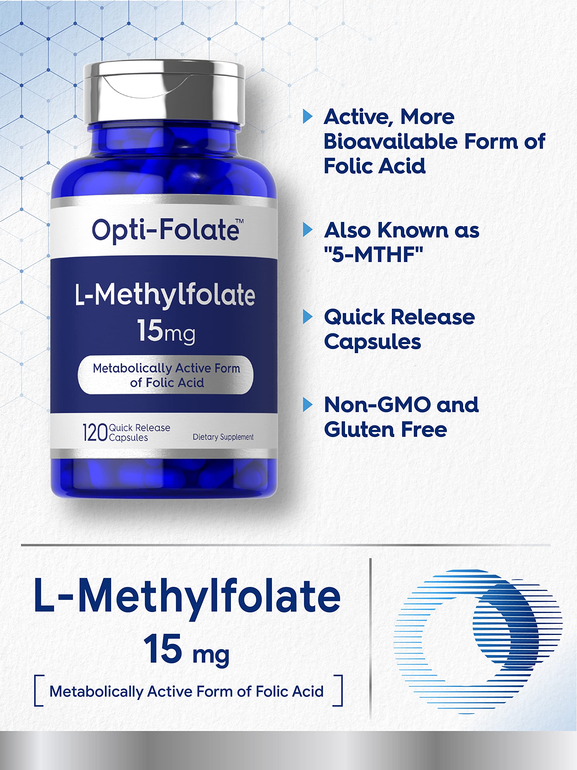 Carlyle L-Methylfolate 15mg - 120 Capsules | Non-GMO, Gluten Free | Opti-Folate