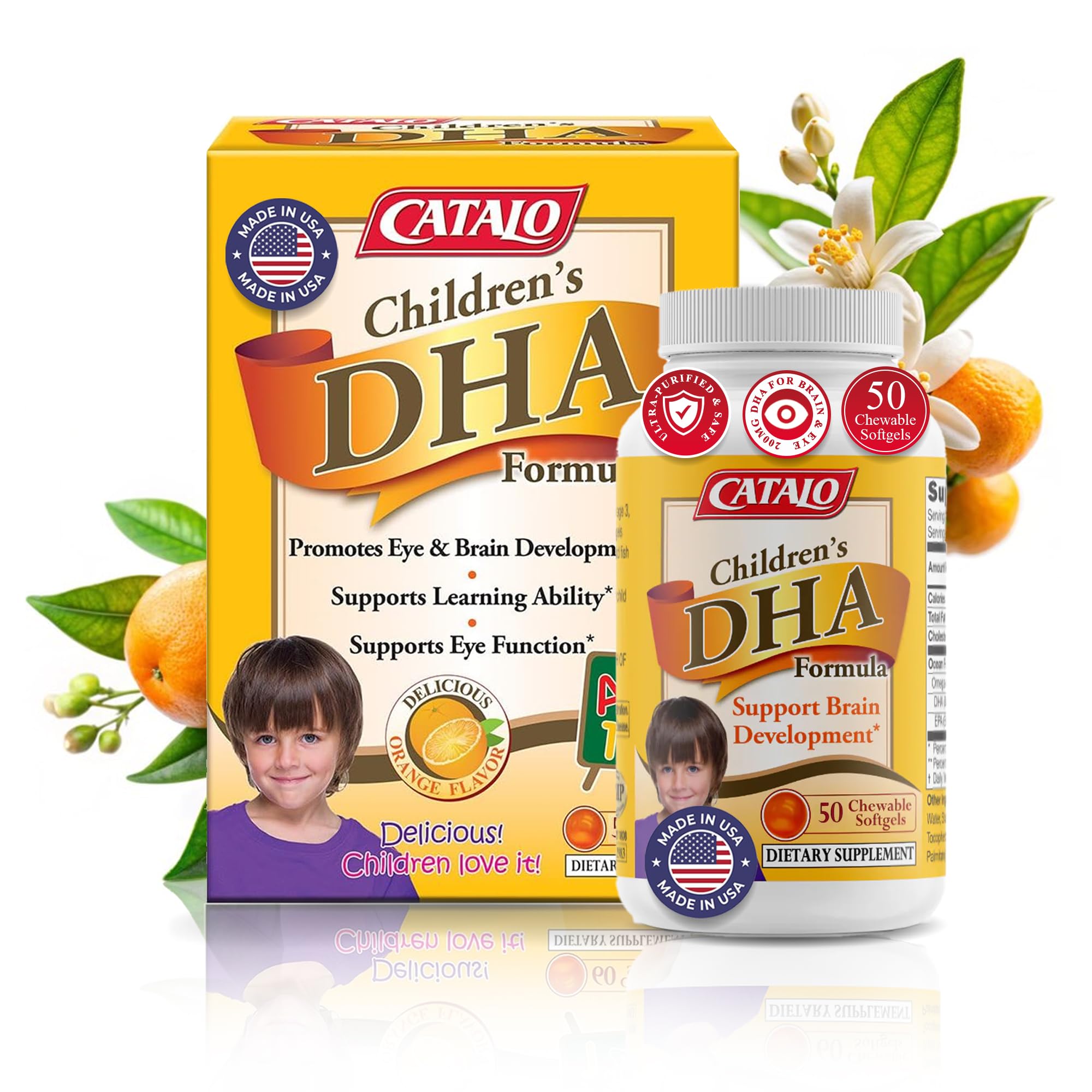 CATALO Children's DHA Formula - 200mg DHA per Serving, Orange Flavor, 50 Softgels