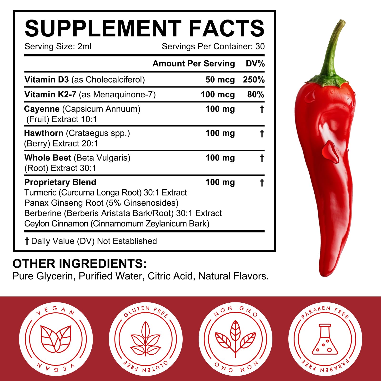 Cayenne Pepper Drops Liquid - Turmeric Curcumin, Hawthorn Berry, Cinnamon, Panax Ginseng & Berberine 2 oz