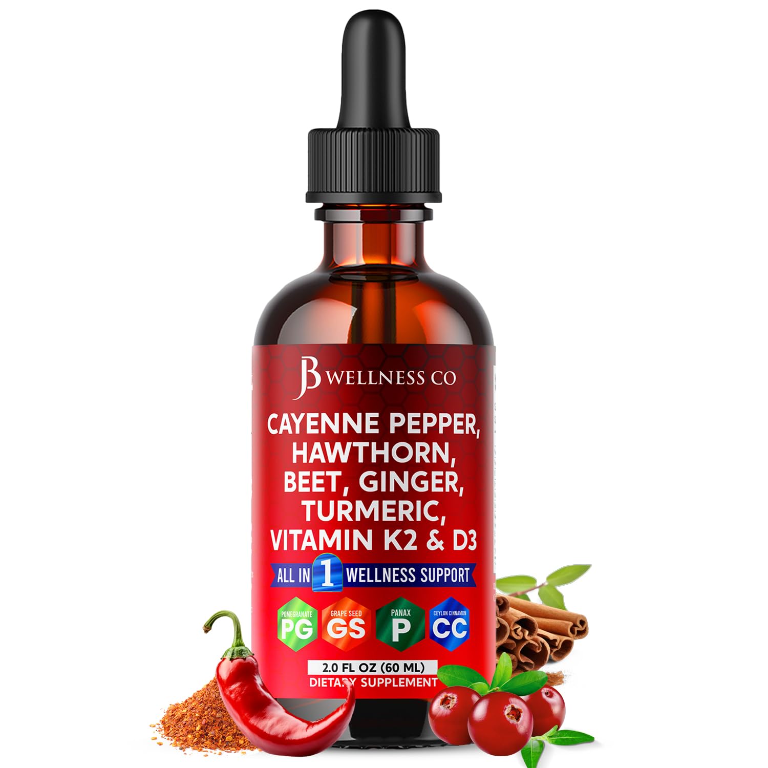 Cayenne Pepper Liquid Drops with Hawthorn Berry & Vitamin D3 K2 - 2oz