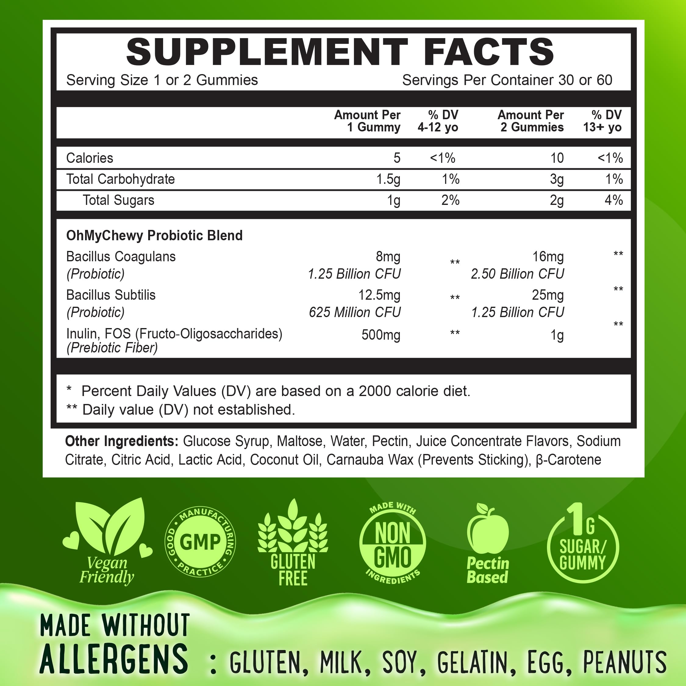 Center-Filled Kids Probiotic Gummies with Prebiotic & Vegan Inulin Fiber | Digestive Support for 3+ | Apple & Kiwi Flavor | 60 Count