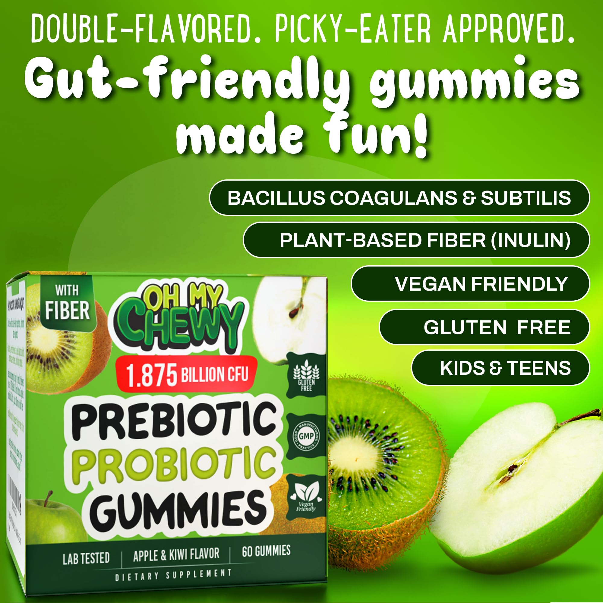 Center-Filled Kids Probiotic Gummies with Prebiotic & Vegan Inulin Fiber | Digestive Support for 3+ | Apple & Kiwi Flavor | 60 Count