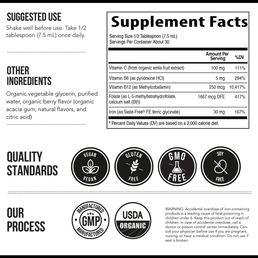Liquid Iron Supplement - Organic Berry Flavor, 7.6 oz | Vitamin C & B Vitamins