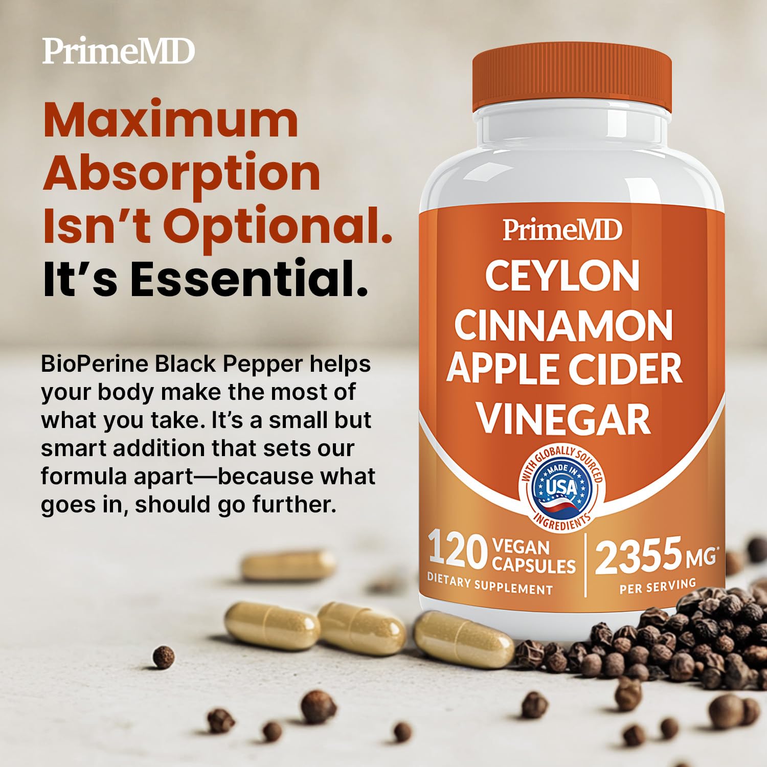 5-in-1 Ceylon Cinnamon Capsules 2355mg – 120 ct | Apple Cider Vinegar, Turmeric