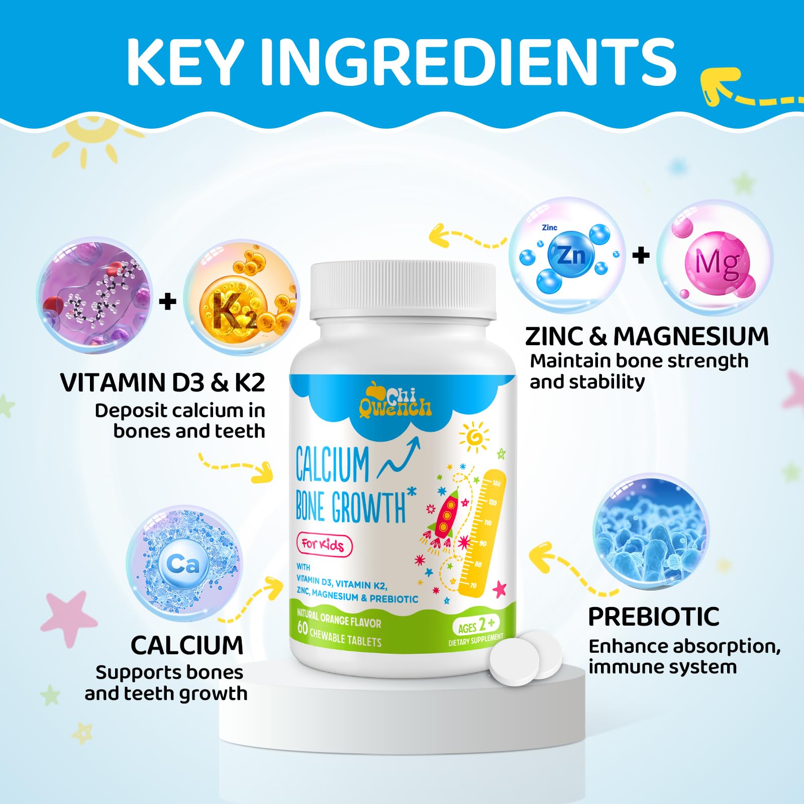 ChiQwench 500 mg Calcium with Vitamin D3 & K2 + Zinc, Magnesium & Prebiotics for Kids – Bone Strength, Height Support, Orange Chewables, Non-GMO, Gluten Free, 60 Tabs