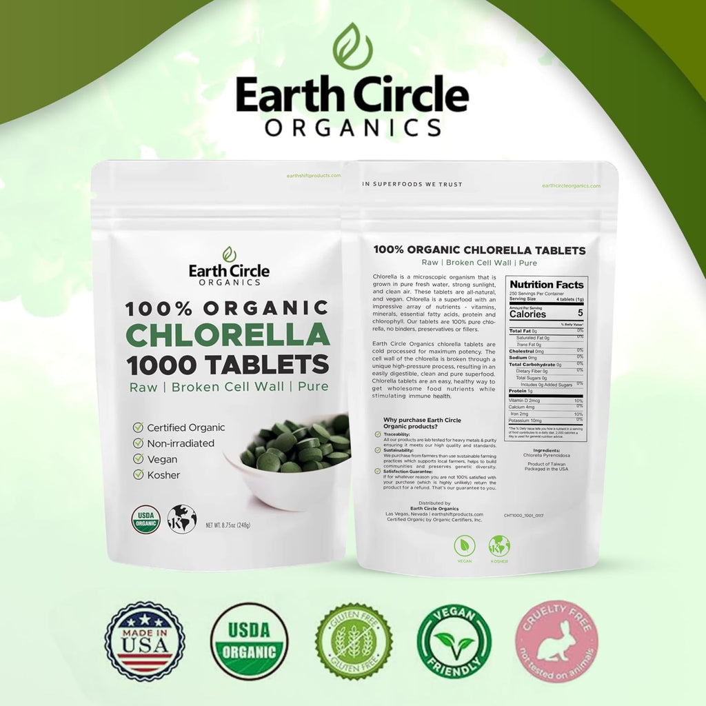 Earth Circle Organics Organic Chlorella Tablets 1000 Count | High Potency Chlorophyll Supplement | Broken Cell Wall for Absorption | Vegan, Kosher, Non-GMO | Pack of 3