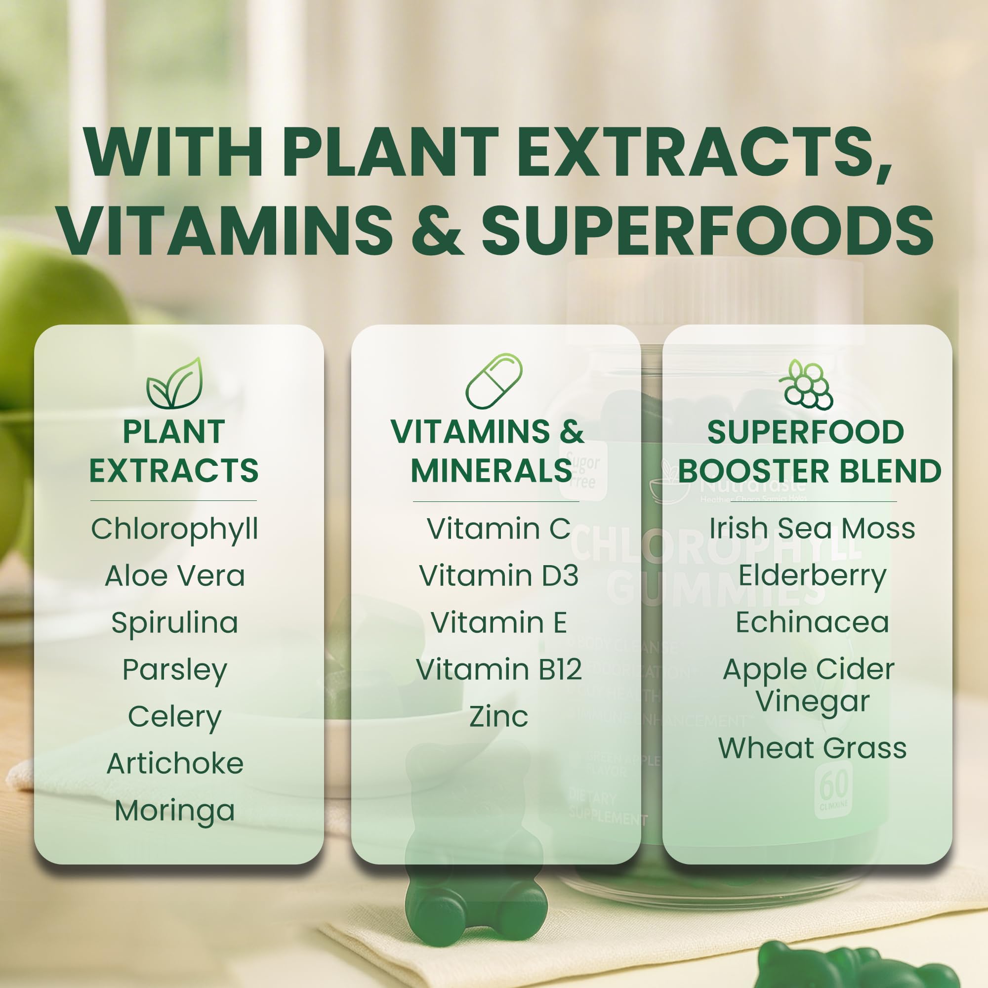 Chlorophyll Gummies with Vitamins C, D3, E, B12 & Zinc — Vegan, Sugar-Free | Immune & Digestive Support | Green Apple (60 Count Pack of 2)