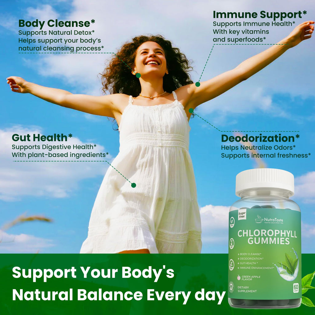 Chlorophyll Gummies with Vitamins C, D3, E, B12 & Zinc — Vegan, Sugar-Free | Immune & Digestive Support | Green Apple (60 Count Pack of 2)
