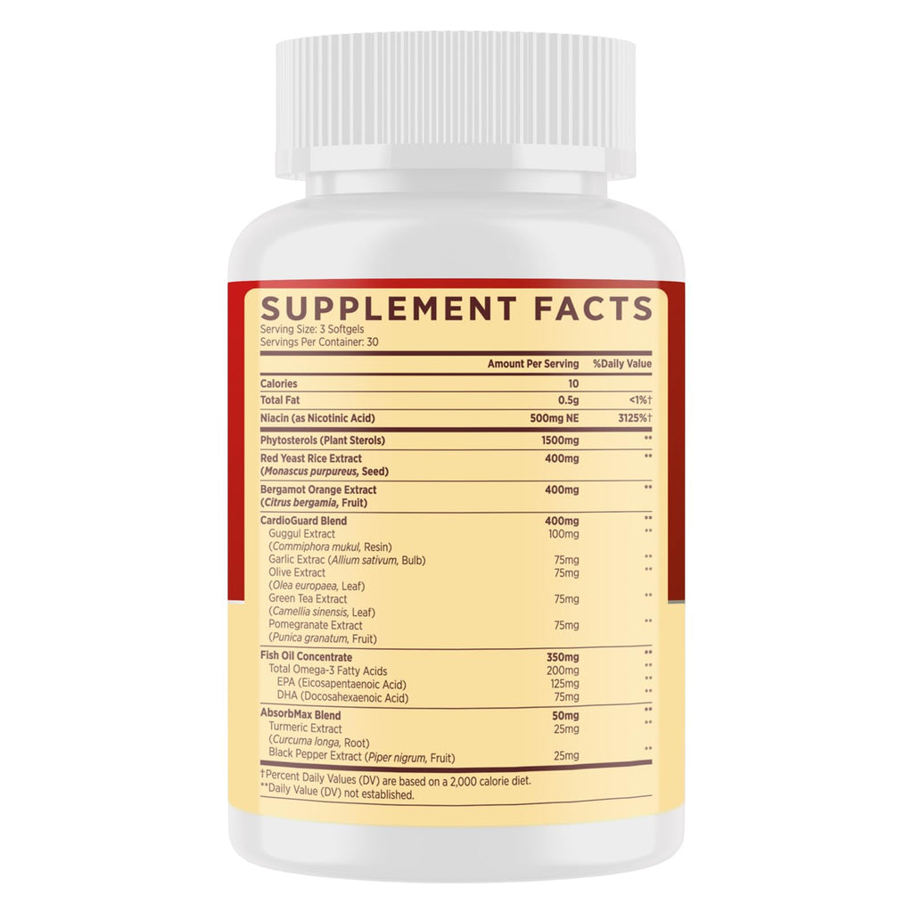 Cholesterol Supplements with Plant Sterols, Niacin, Red Yeast Rice, Bergamot, Omega-3 & Garlic - Advanced Absorption Formula - 90 Softgels