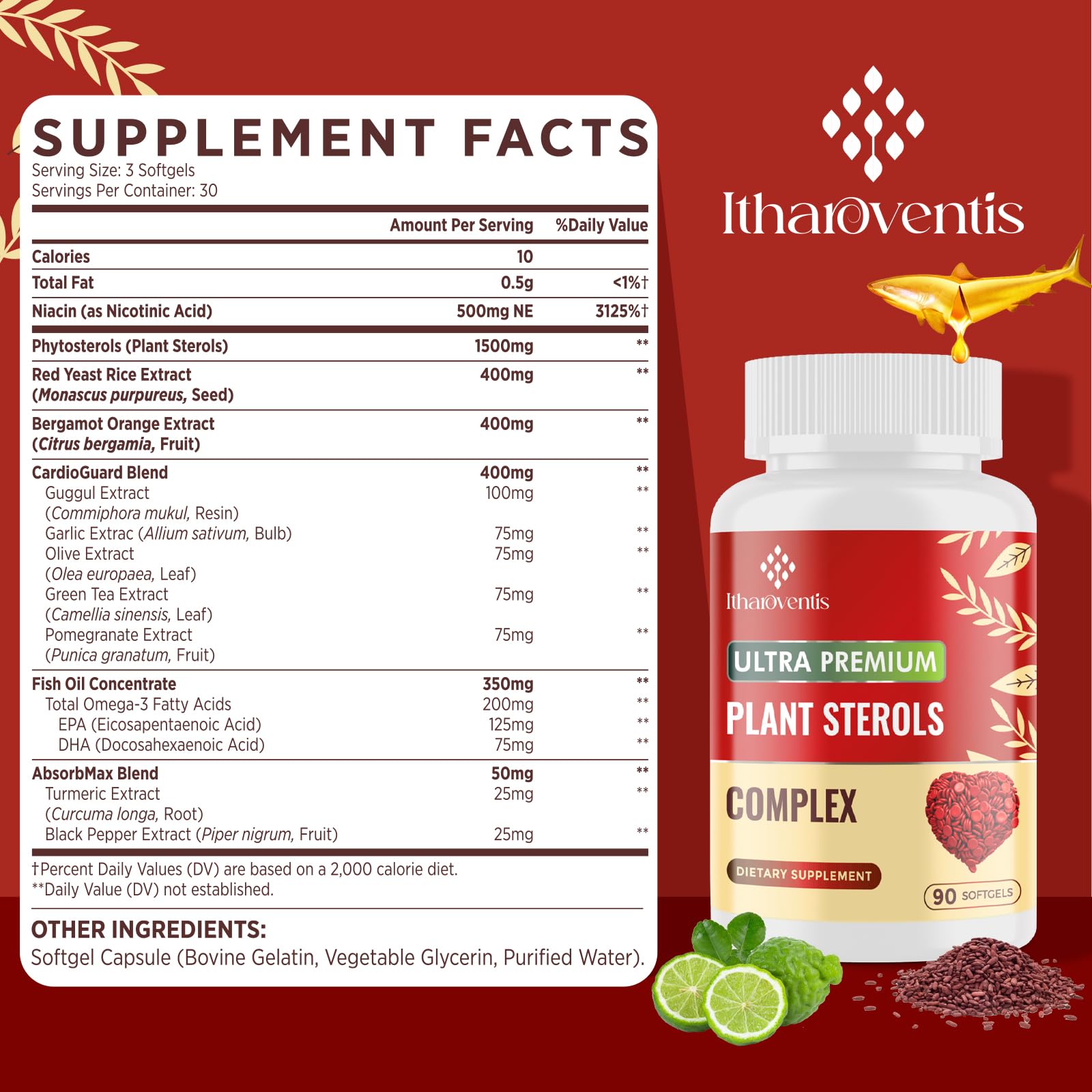 Cholesterol Supplements with Plant Sterols, Niacin, Red Yeast Rice, Bergamot, Omega-3 & Garlic - Advanced Absorption Formula - 90 Softgels