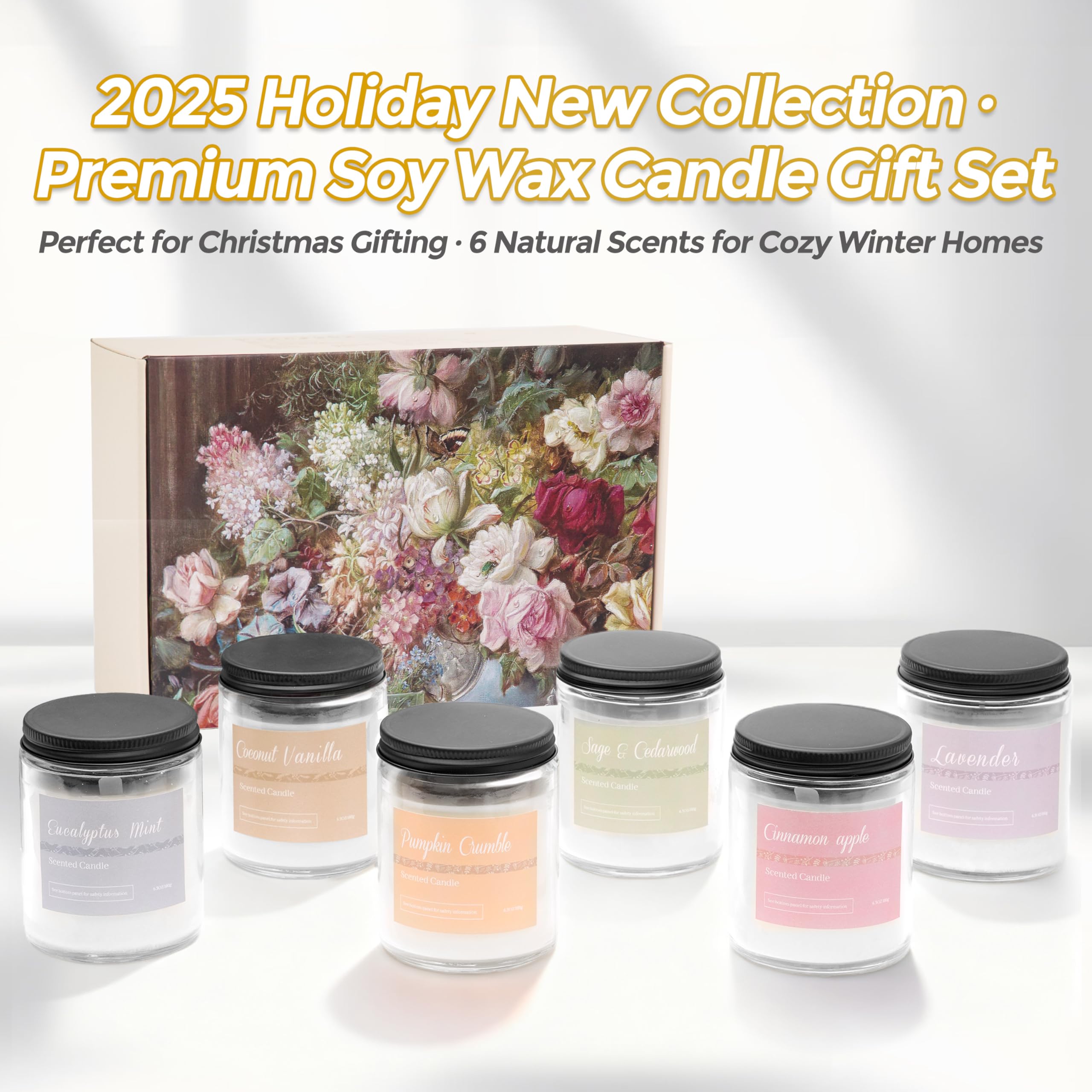 Christmas Candle Gift Set, 6 Natural Soy Wax Candles for Home, Long Burning Holiday Aromatherapy Set with Cinnamon Apple & Vanilla, Perfect Christmas Gifts for Women, Men, Friends & Family