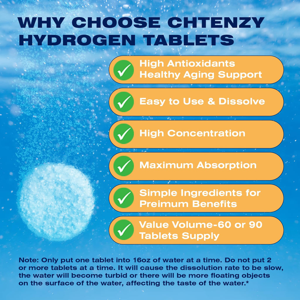 CHTENZY Hydrogen Water Tablets – 8 PPM H2, Magnesium Electrolyte, Orange Flavor, 60 Count
