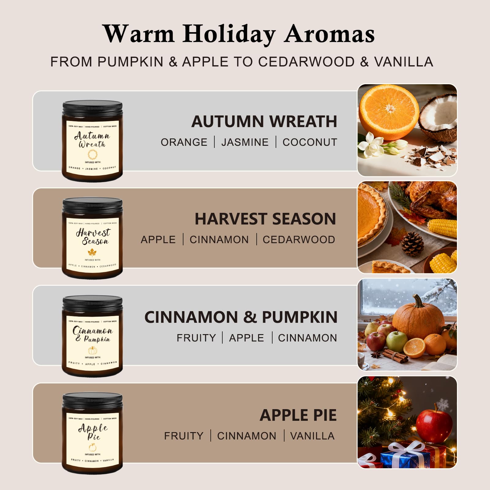 Holiday Candle Gift Set – Cinnamon Pumpkin, Apple Vanilla, Orange Jasmine & Cedarwood Spice | Long-Lasting Soy Candles
