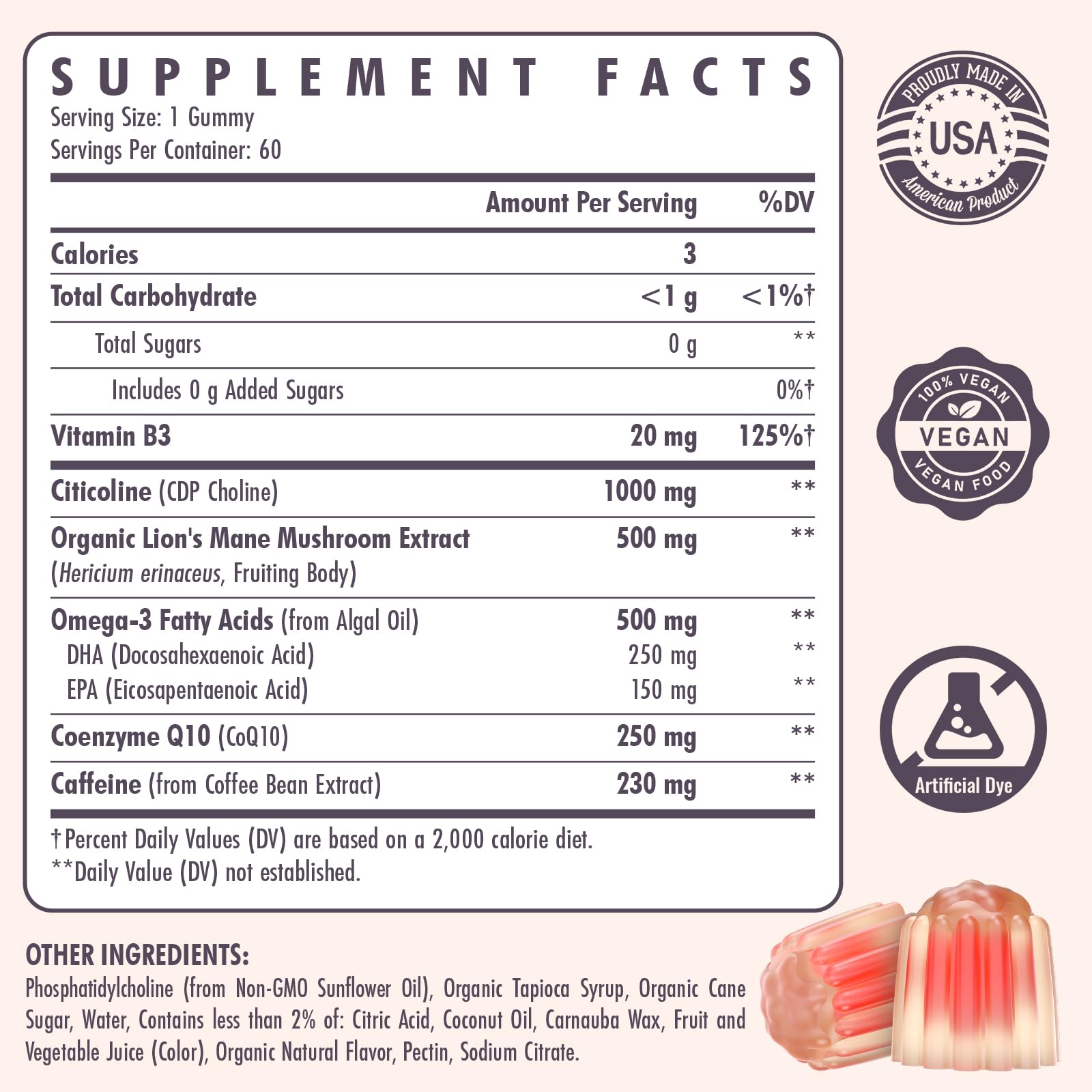 Citicoline CDP Choline Supplement for Memory & Focus | 1000mg + Lion's Mane 500mg | 60 Count
