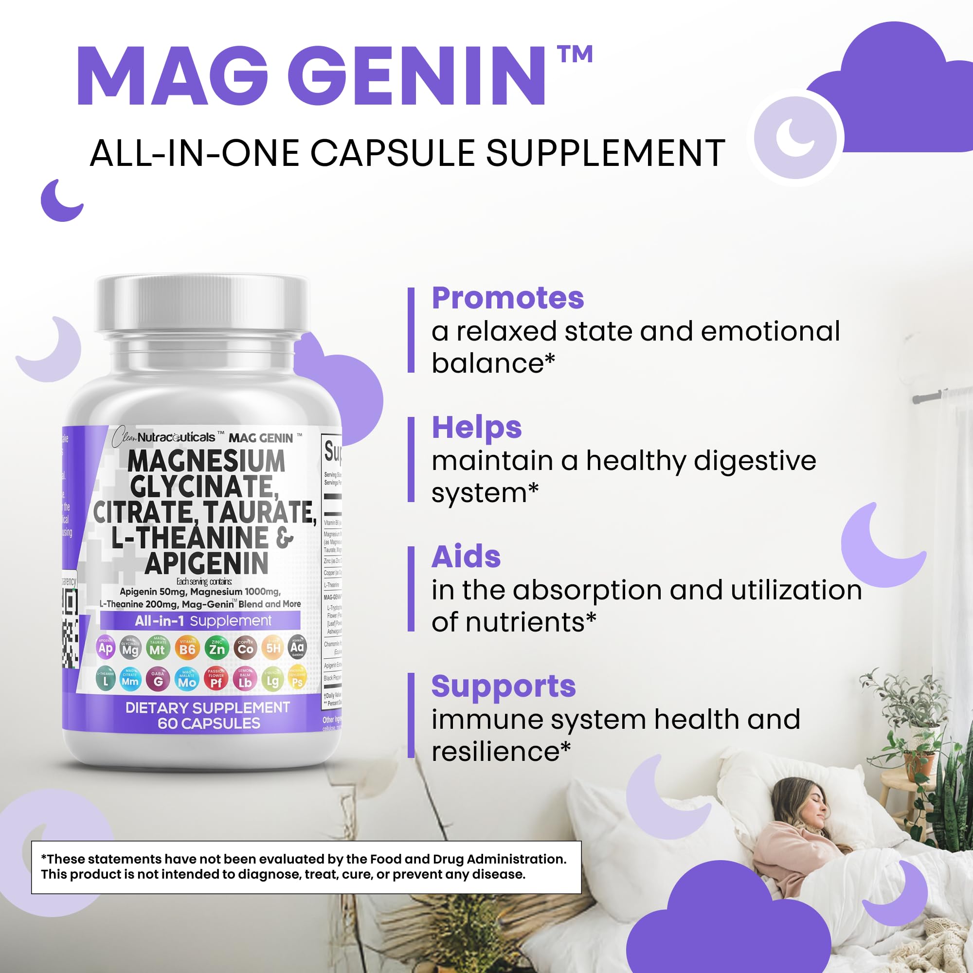Clean Nutraceuticals Magnesium Glycinate Complex 1000mg with L-Theanine 200mg and Apigenin 50mg Citrate Taurate – 60 Count Pack of 2