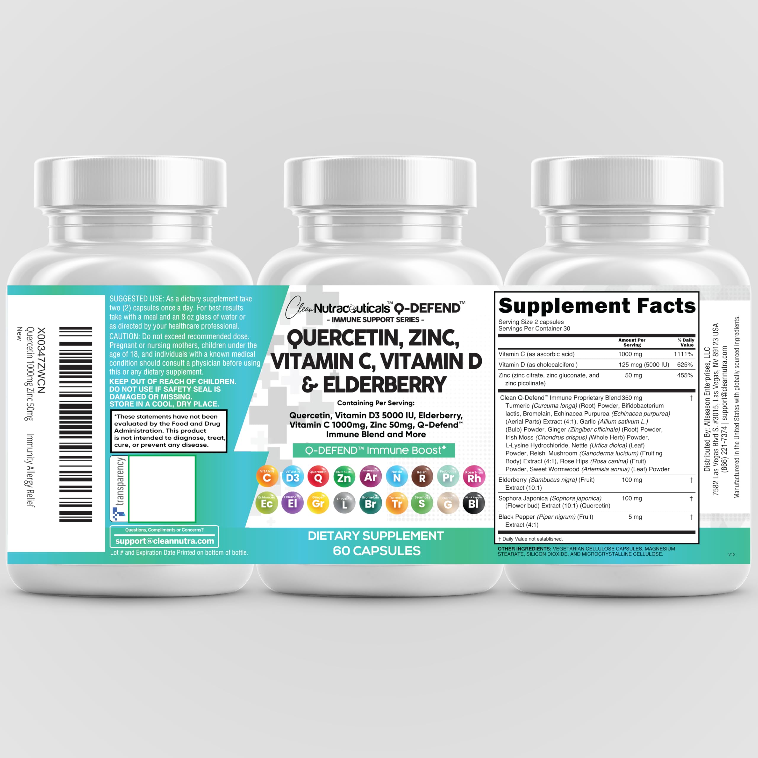 Clean Nutraceuticals Q-Defend Immune Blend: Quercetin, Zinc, Vitamin C & D, Bromelain & Elderberry for Lung Immune Support (60 Count Pack of 5)