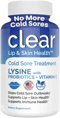 Clear Probiotics Lysine Cold Sore Treatment for Lips – Probiotic Lysine + Vitamin C – 180 Capsules