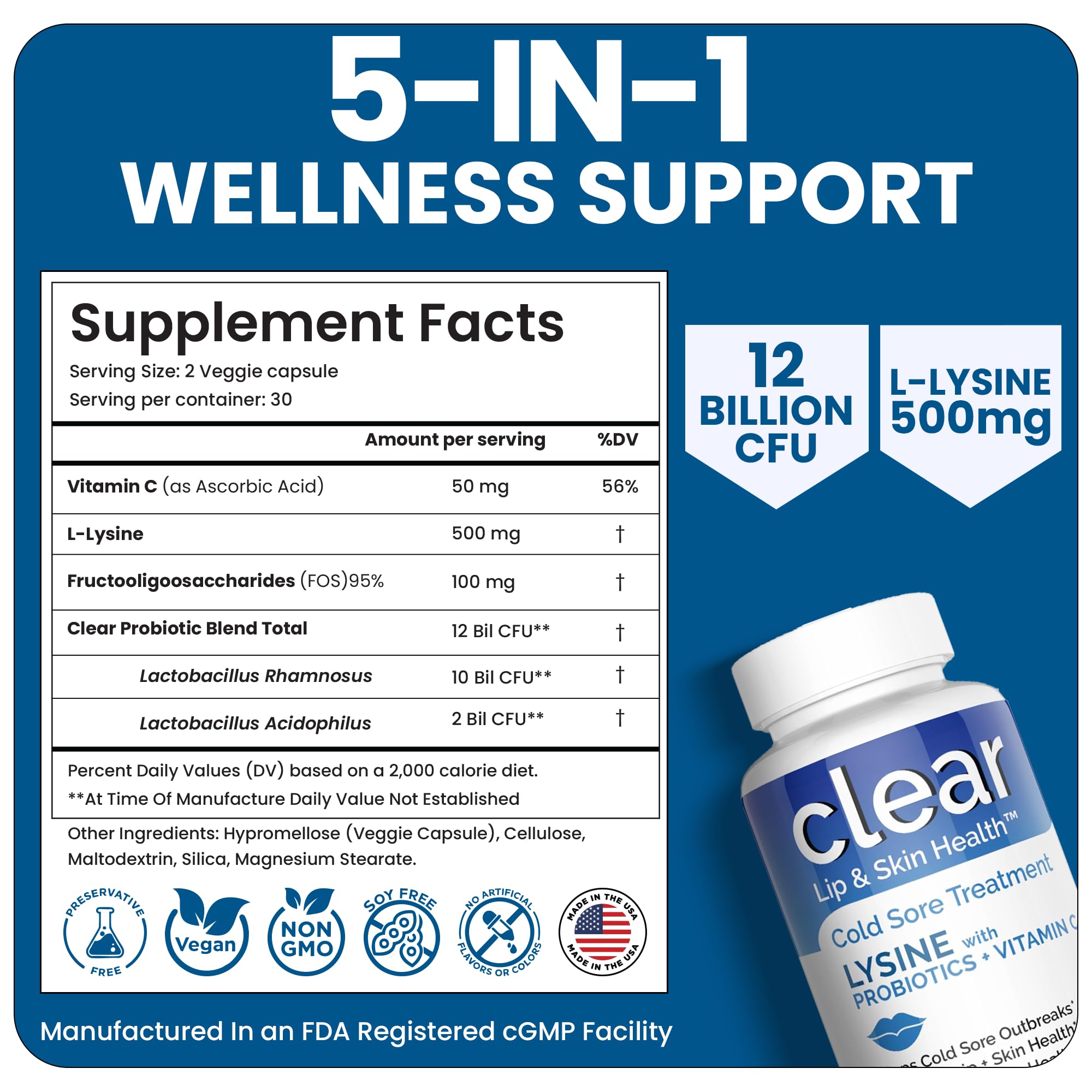 Clear Probiotics Lysine Cold Sore Treatment for Lips – Probiotic Lysine + Vitamin C – 180 Capsules