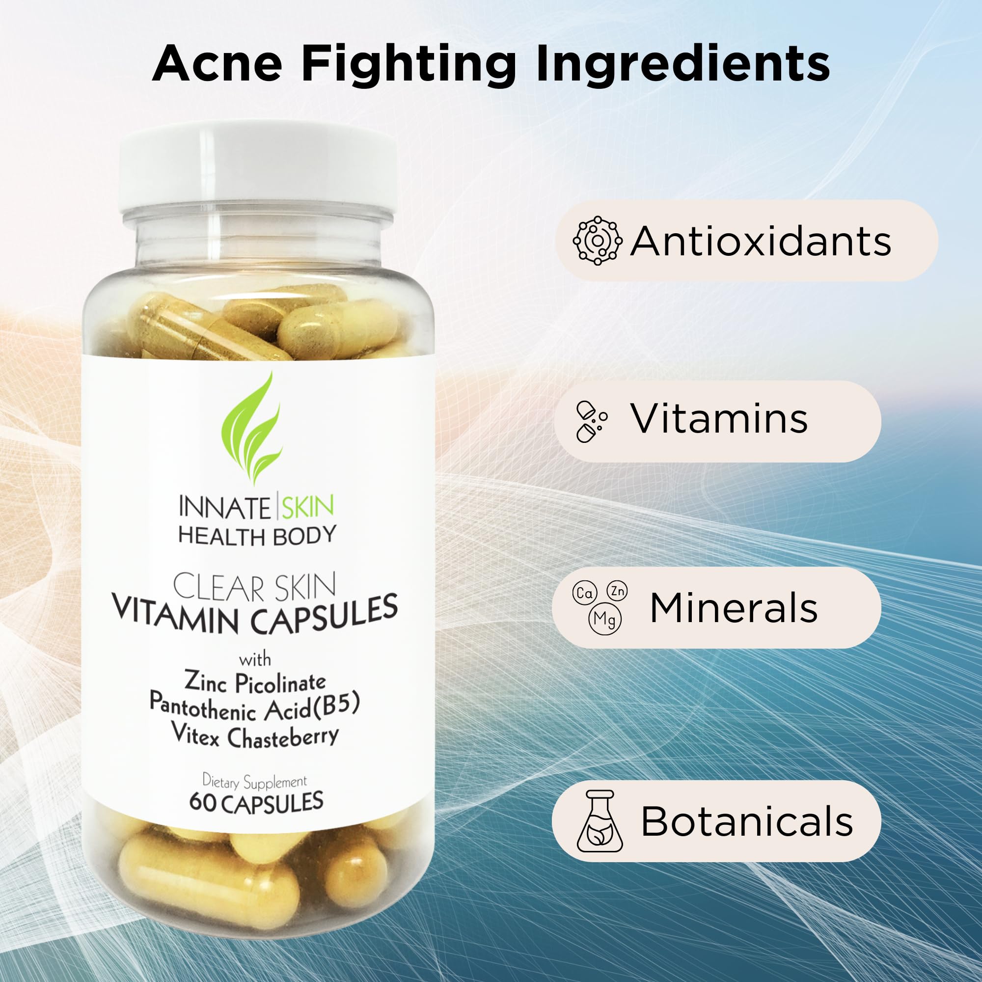 Clear Skin Acne Vitamins Capsules | Complexion Supplements 60 Count