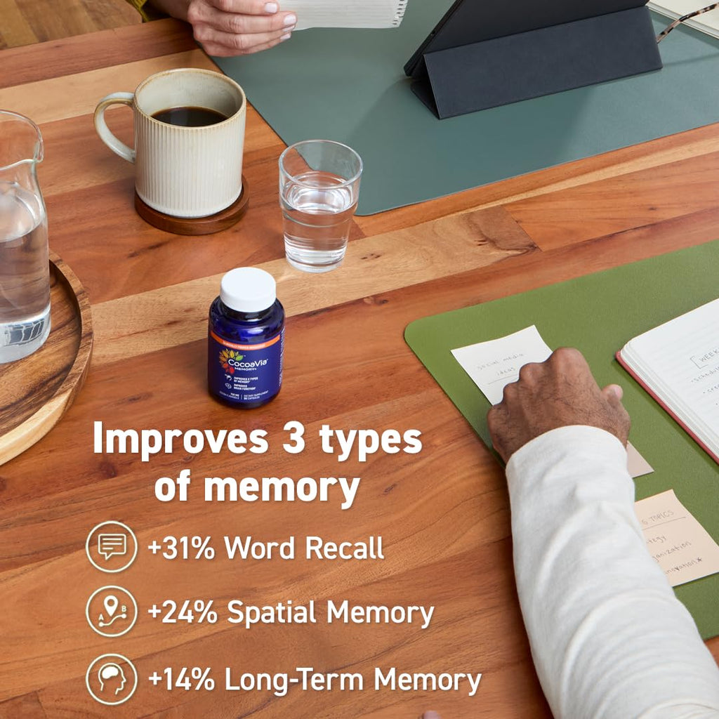 Memory+ Brain Supplement by CocoaVia | Clinically Proven 750 mg Cocoa Flavanols, Sugar Free, Vegan, 60-Day Supply