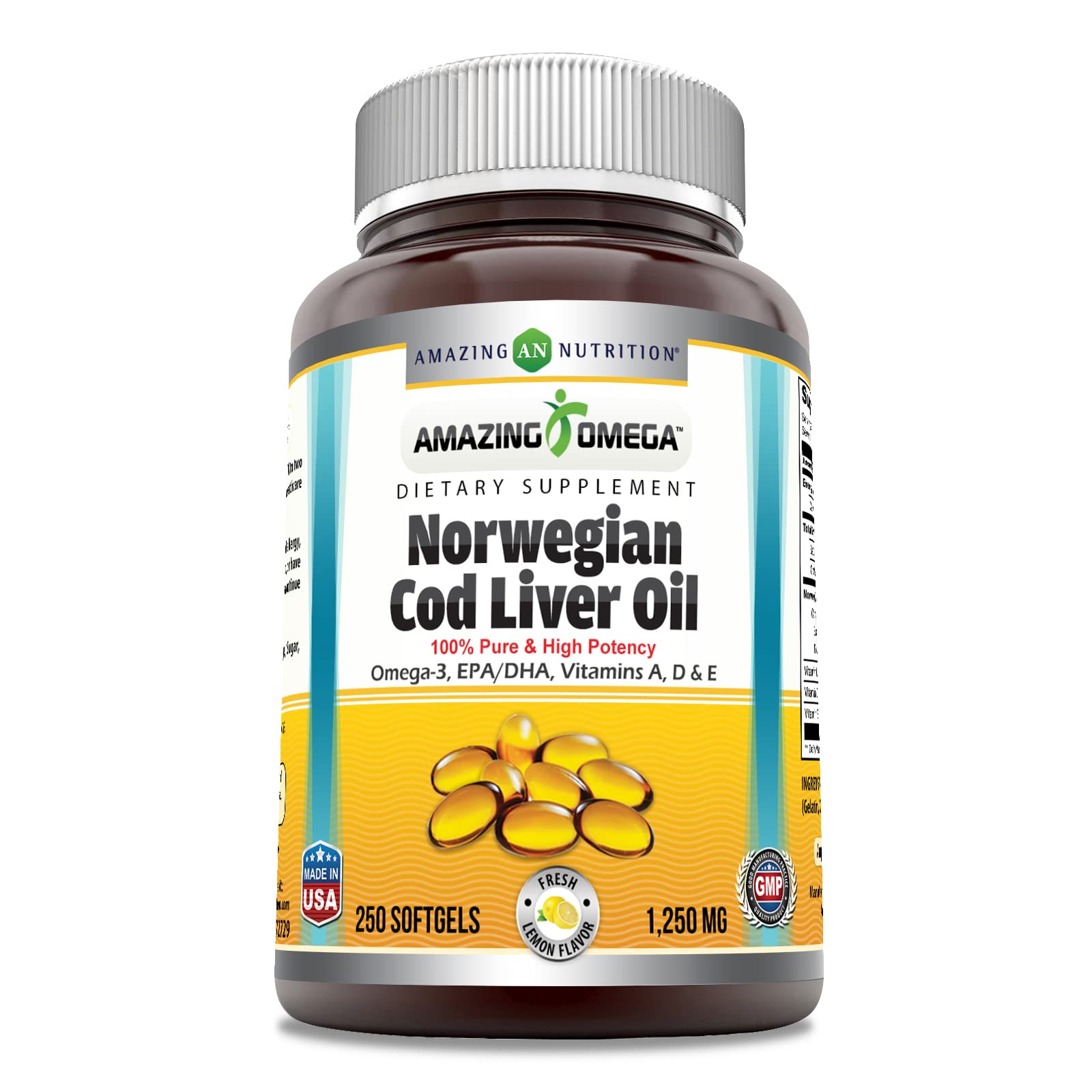 Amazing Omega Norwegian Cod Liver Oil 1250 mg Softgels – Omega-3 EPA DHA (Lemon, 250 Count)