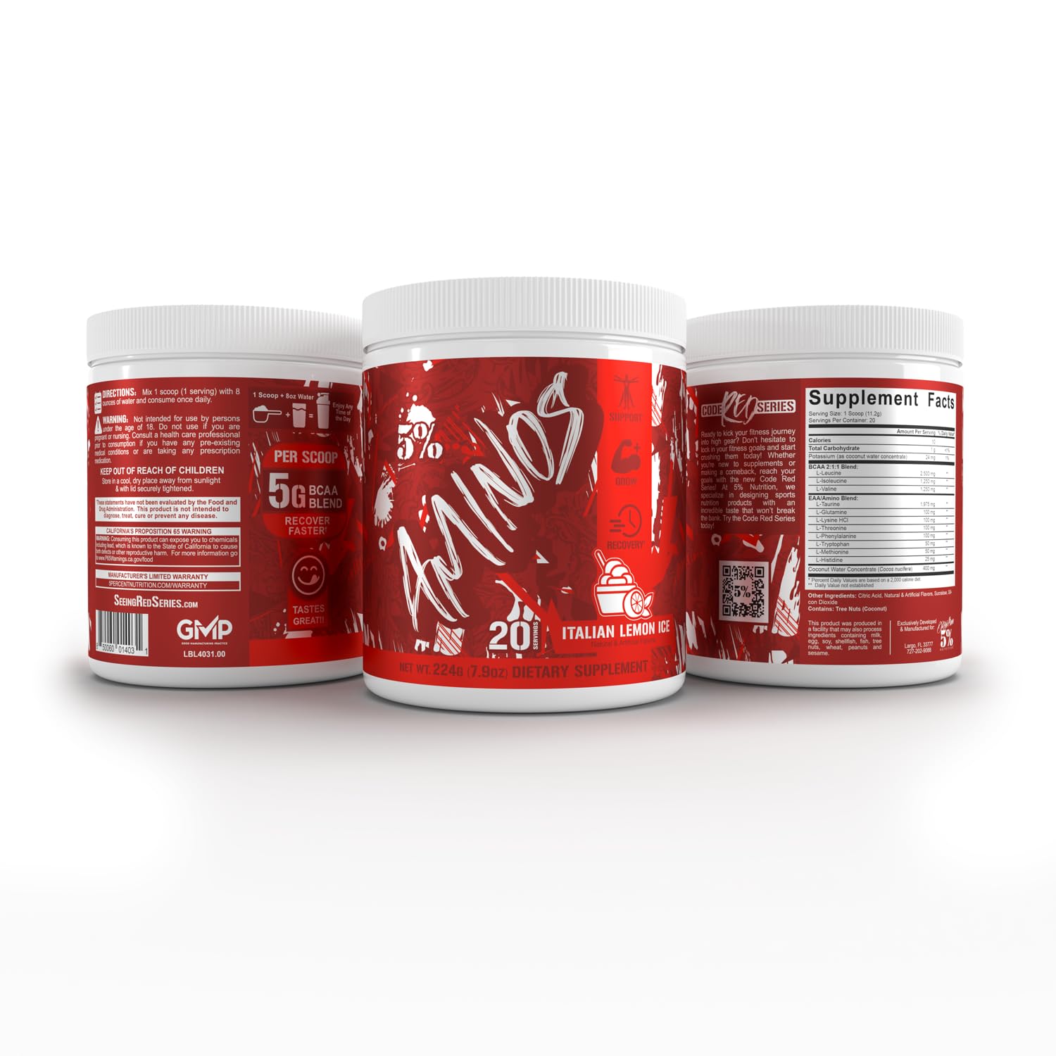 5% Nutrition Code Red Aminos BCAA & EAA Post Workout Recovery Powder | Full Spectrum Essential Amino Acid Complex for Men & Women (Italian Lemon Ice)