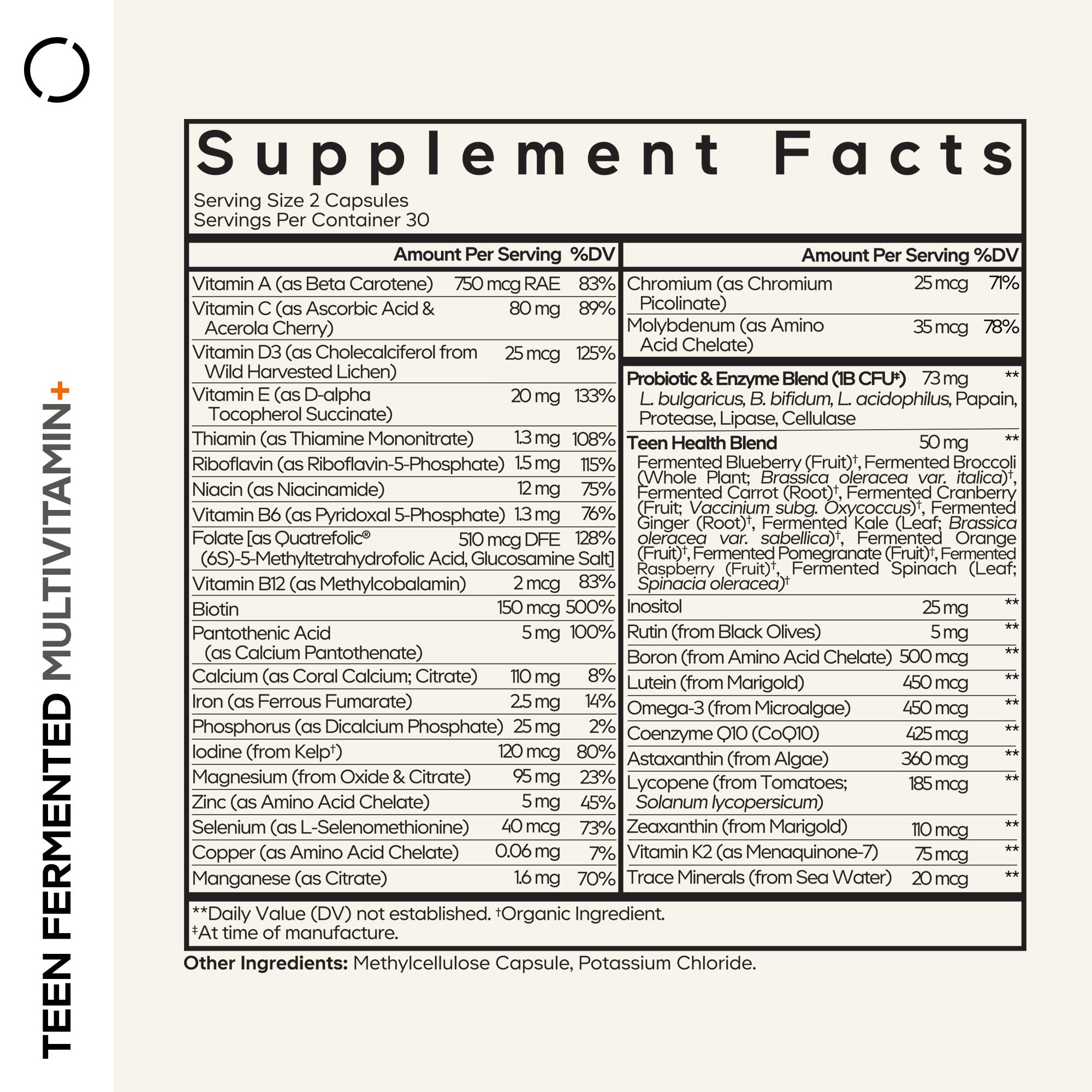 Codeage Teen Multivitamin Supplement - Organic Whole Food Teen Vitamins (A to K) with Omega-3 - 60 Capsules