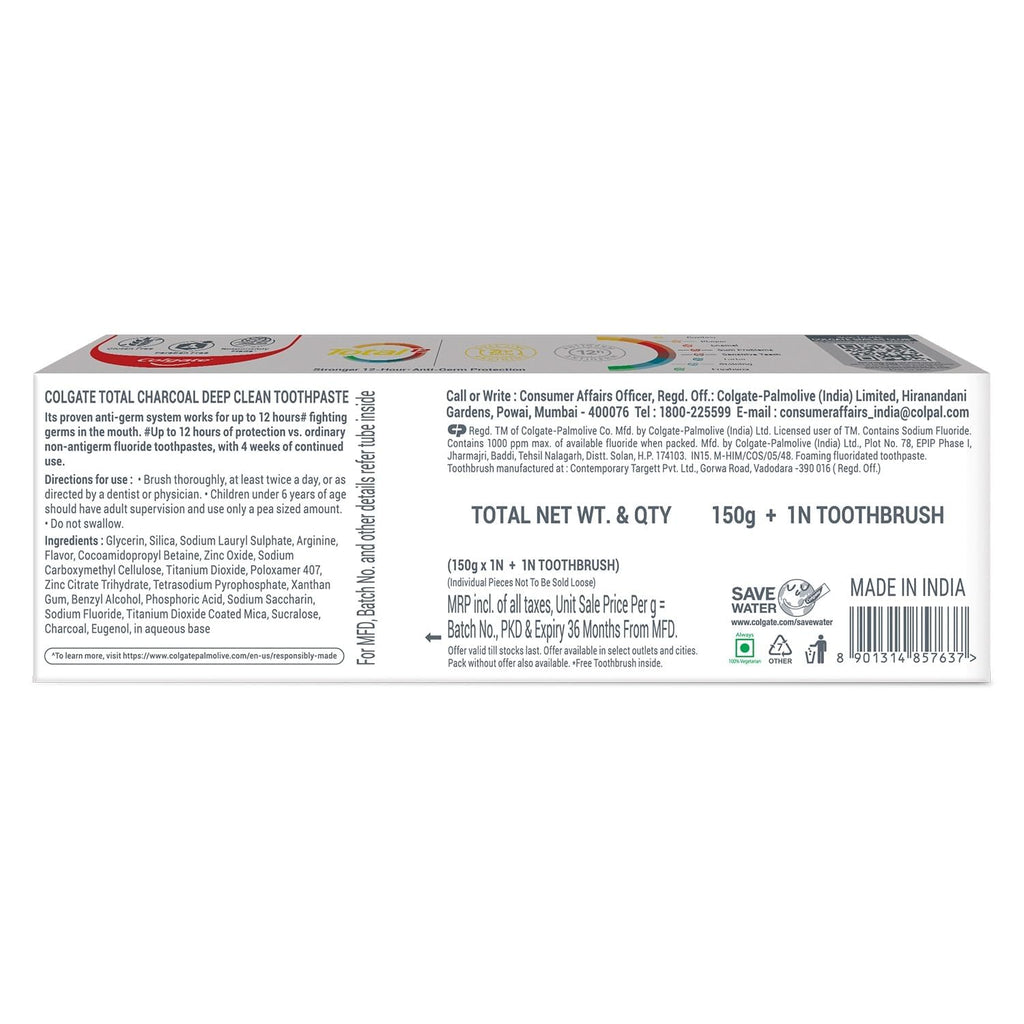 Colgate Total Charcoal Toothpaste Saver Pack – 2x150 g/5.2 oz – Anti-Cavity, Plaque Control + 2 Free Toothbrushes