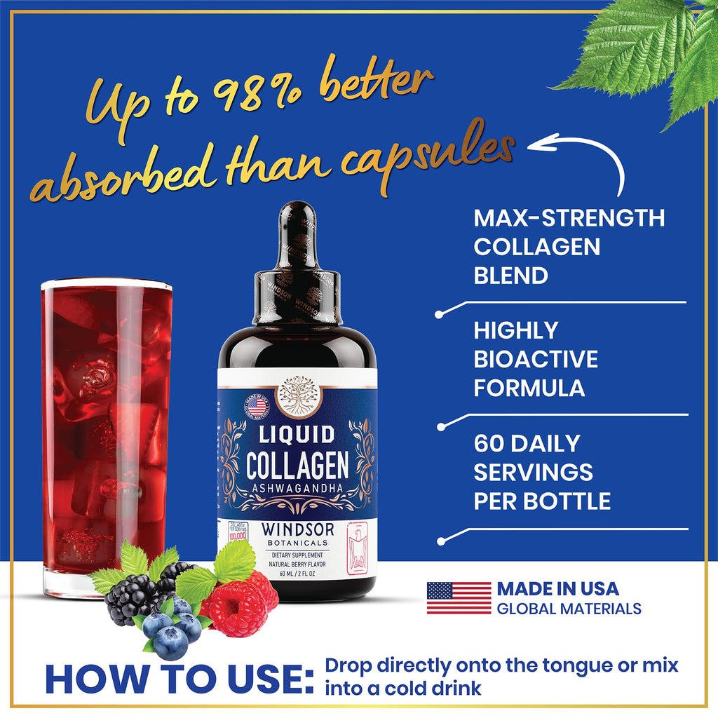 Liquid Collagen Drops with Ashwagandha & L-Theanine – 100,000 mcg, Hair, Skin & Nails, Mood & Energy – 2oz (60 Servings)