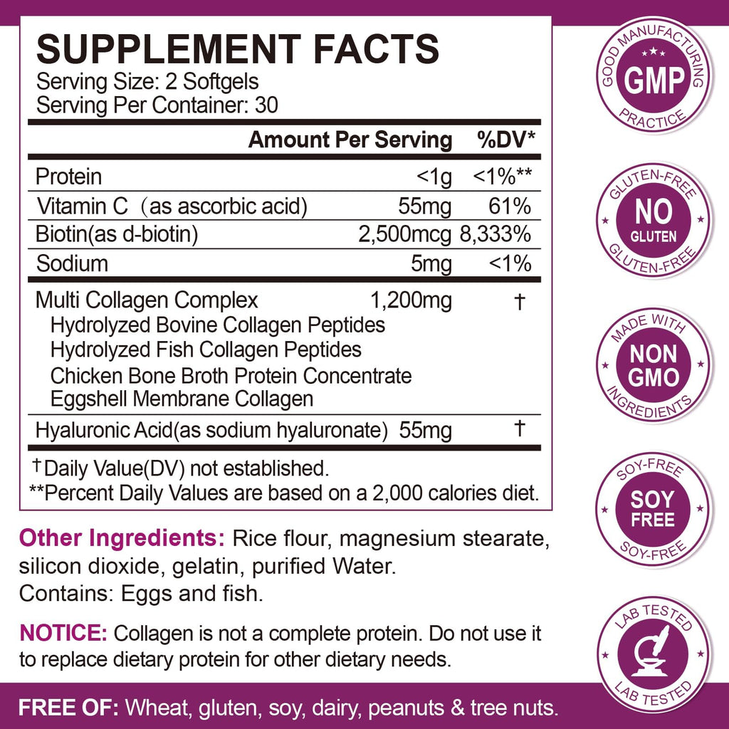 Multi Collagen Peptides Softgels – Types I, II, III, V, X – Biotin, Vitamin C & Hyaluronic Acid – Skin, Hair, Nails & Joints – Non-GMO, 60 Softgels