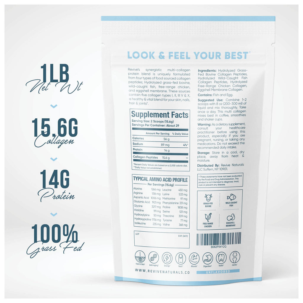 Multi Collagen Protein Powder (16oz) - Five Types I-X | Grass-Fed Bovine, Marine, Chicken & Eggshell