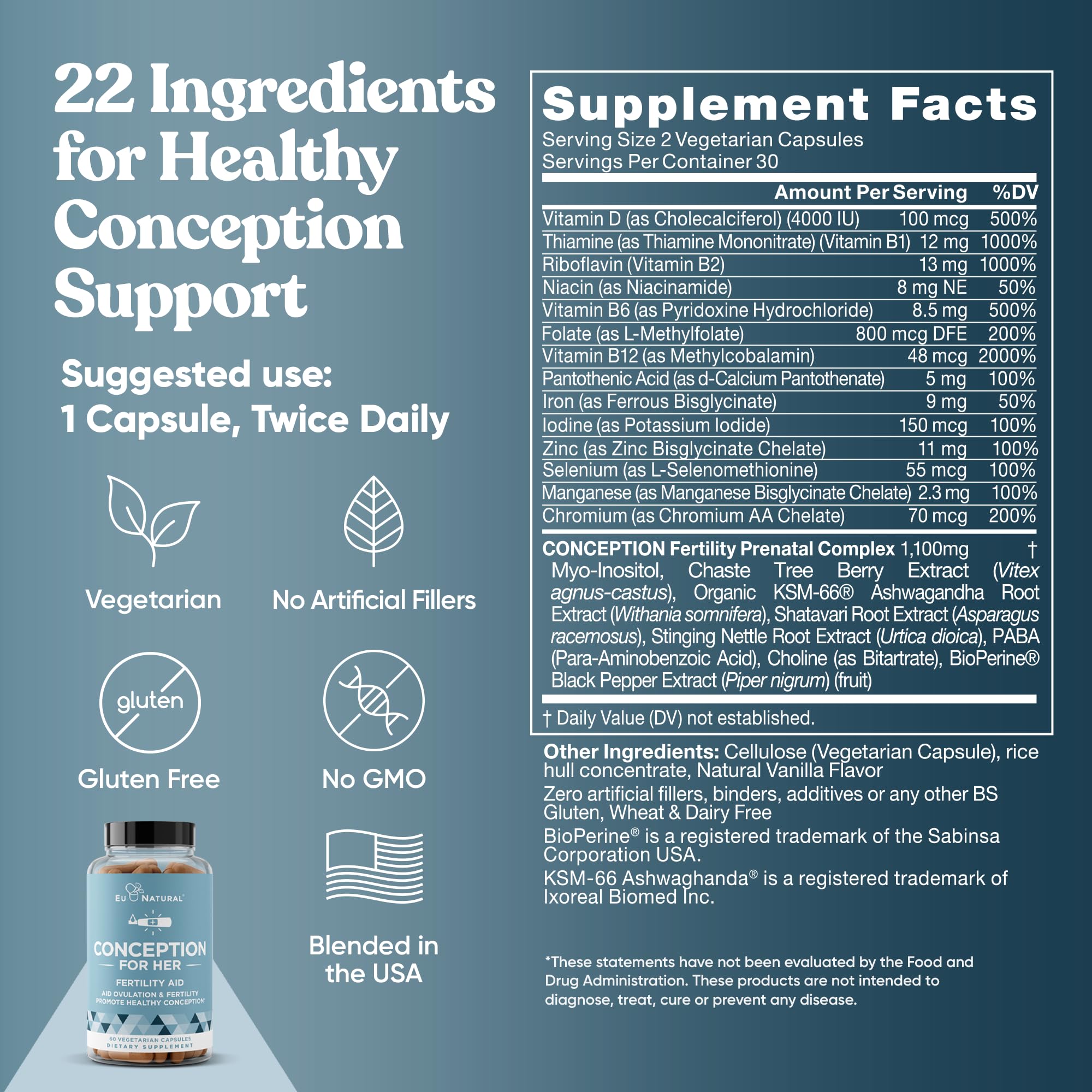 Conception Fertility Supplements for Women – Ovulation Support, Hormonal Balance, Regular Cycles – Prenatal Vitamin with Myo-Inositol, Folate, Vitex