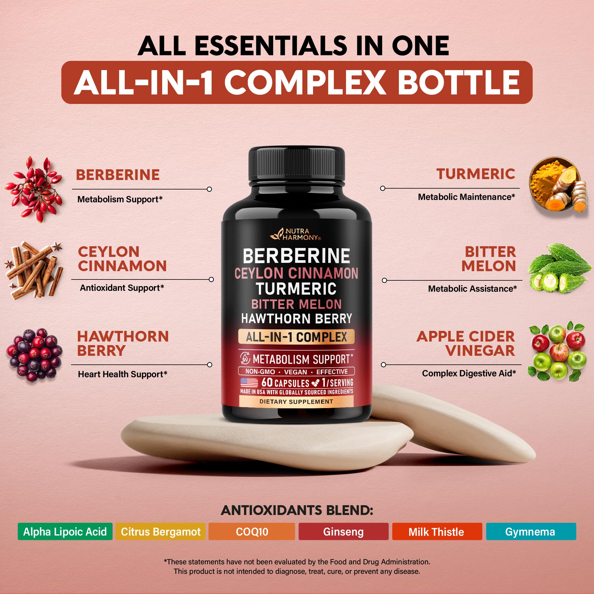 Berberine with Ceylon Cinnamon | Gymnema Extract | Apple Cider Vinegar | Hawthorn Berry | Citrus Bergamot | Bitter Melon - 15-in-1 Supplement for Heart Support, Metabolism & Energy - Vegan 60 Capsules