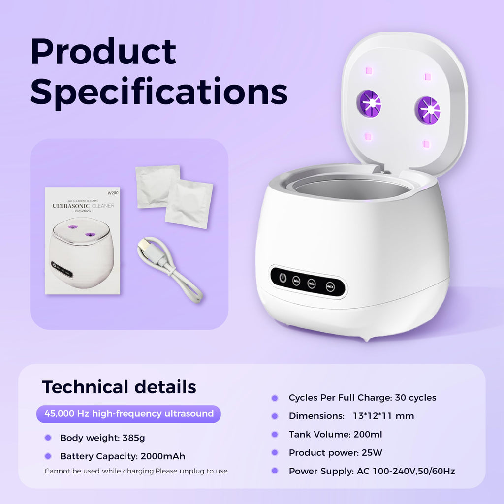 Ultrasonic Retainer Cleaner with UV Sterilizer | 45kHz Dental Cleaning Machine – Portable 200ML W190MAX (White)