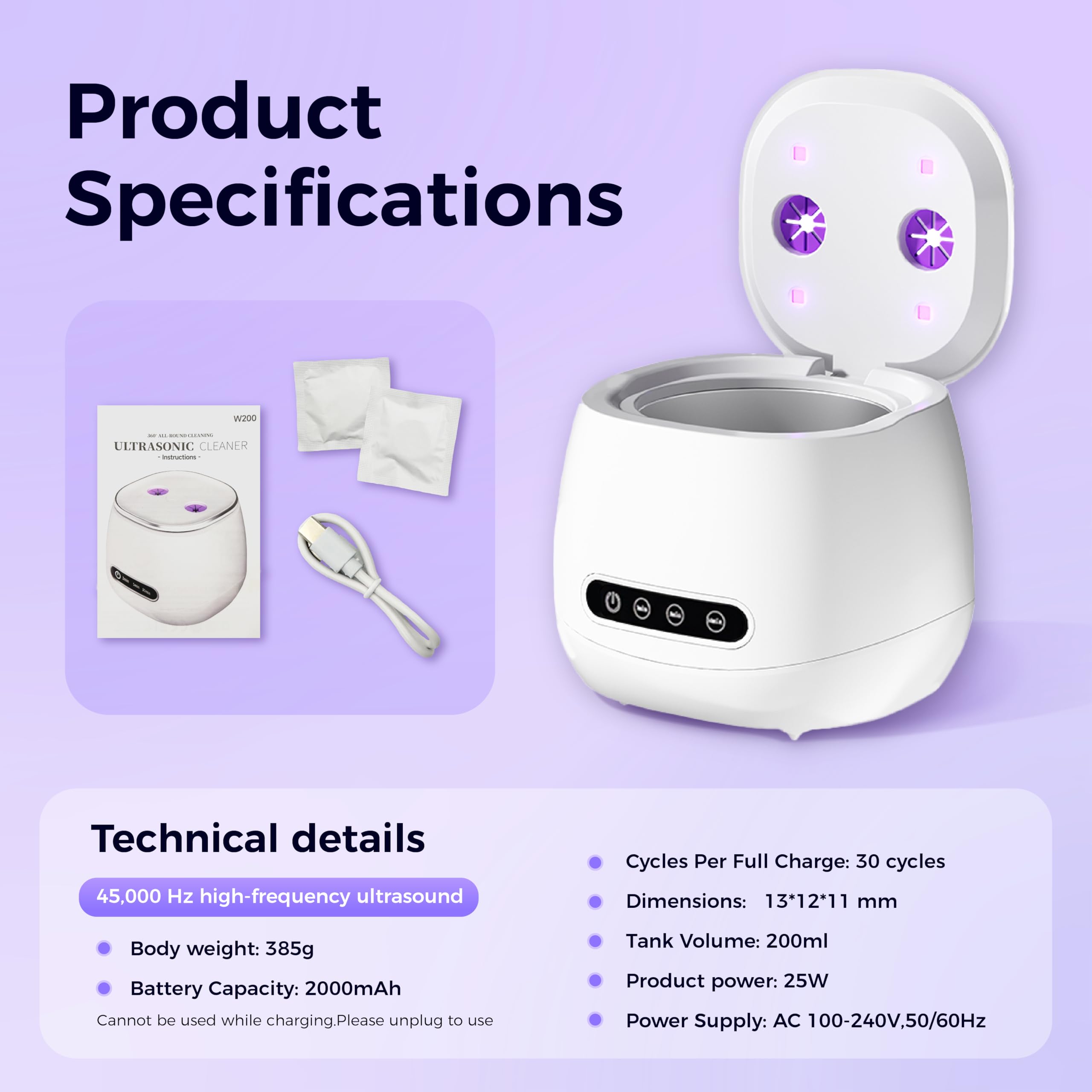 Ultrasonic Retainer Cleaner with UV Sterilizer | 45kHz Dental Cleaning Machine – Portable 200ML W190MAX (White)