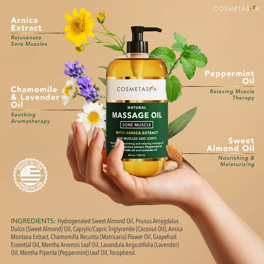 Cosmetasa Sore Muscle Massage Oil with Thumb Saver – Deep Tissue, Arnica, Peppermint & Lavender (8.8 fl oz)