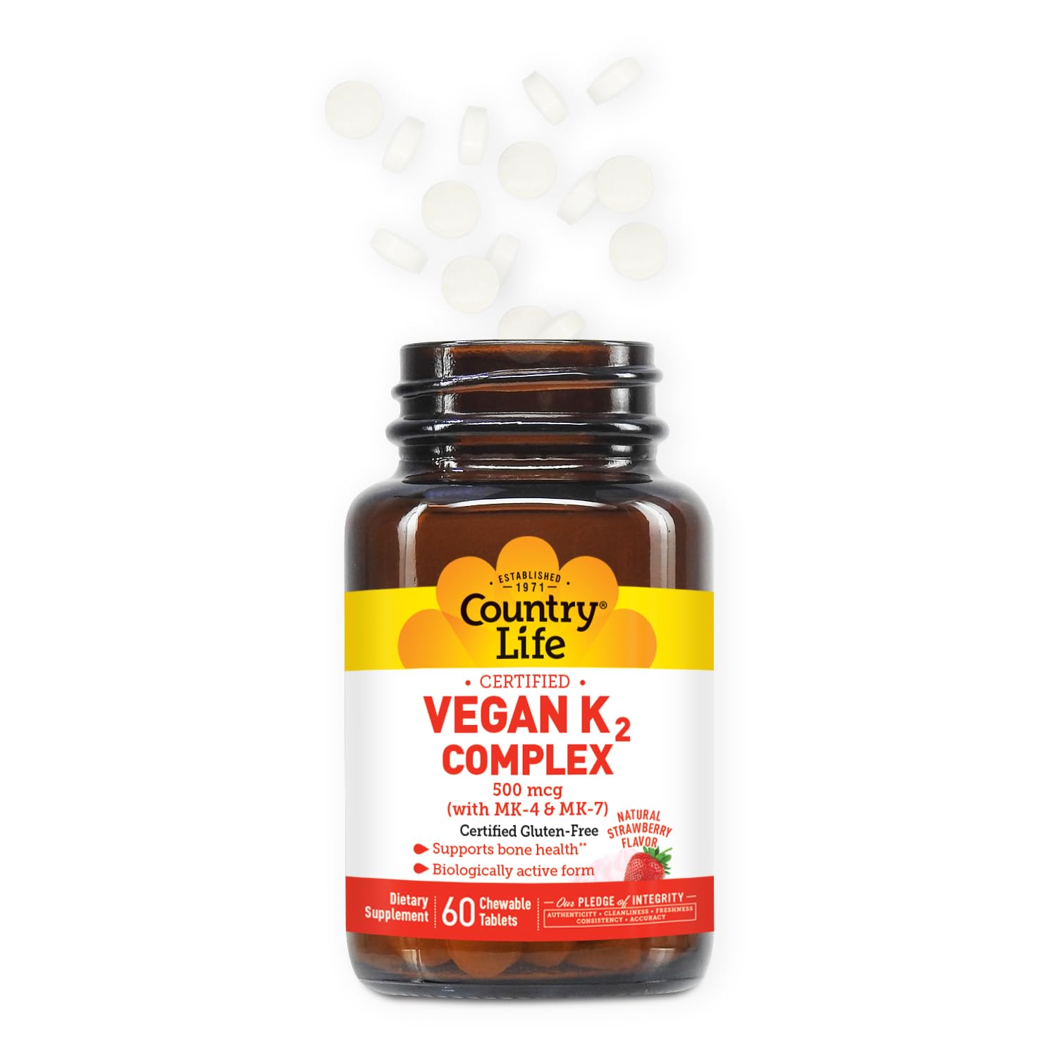 Country Life Vegan K2-500 mcg Chewables – Strawberry, 60 Ct | Gluten Free & Vegan