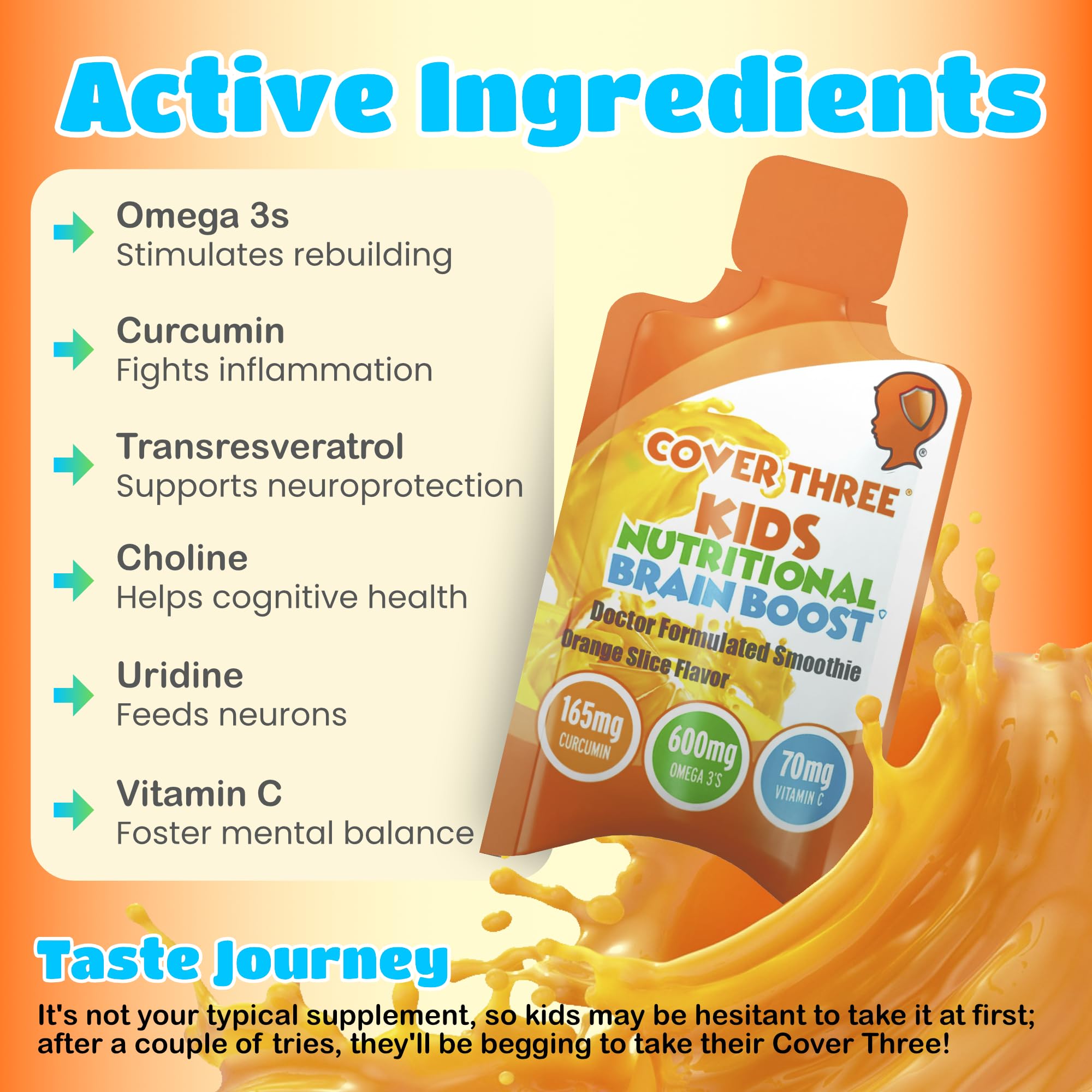 Cover Three Kids Brain & Focus Supplements | Omega-3 DHA for Children (20 Pouches)