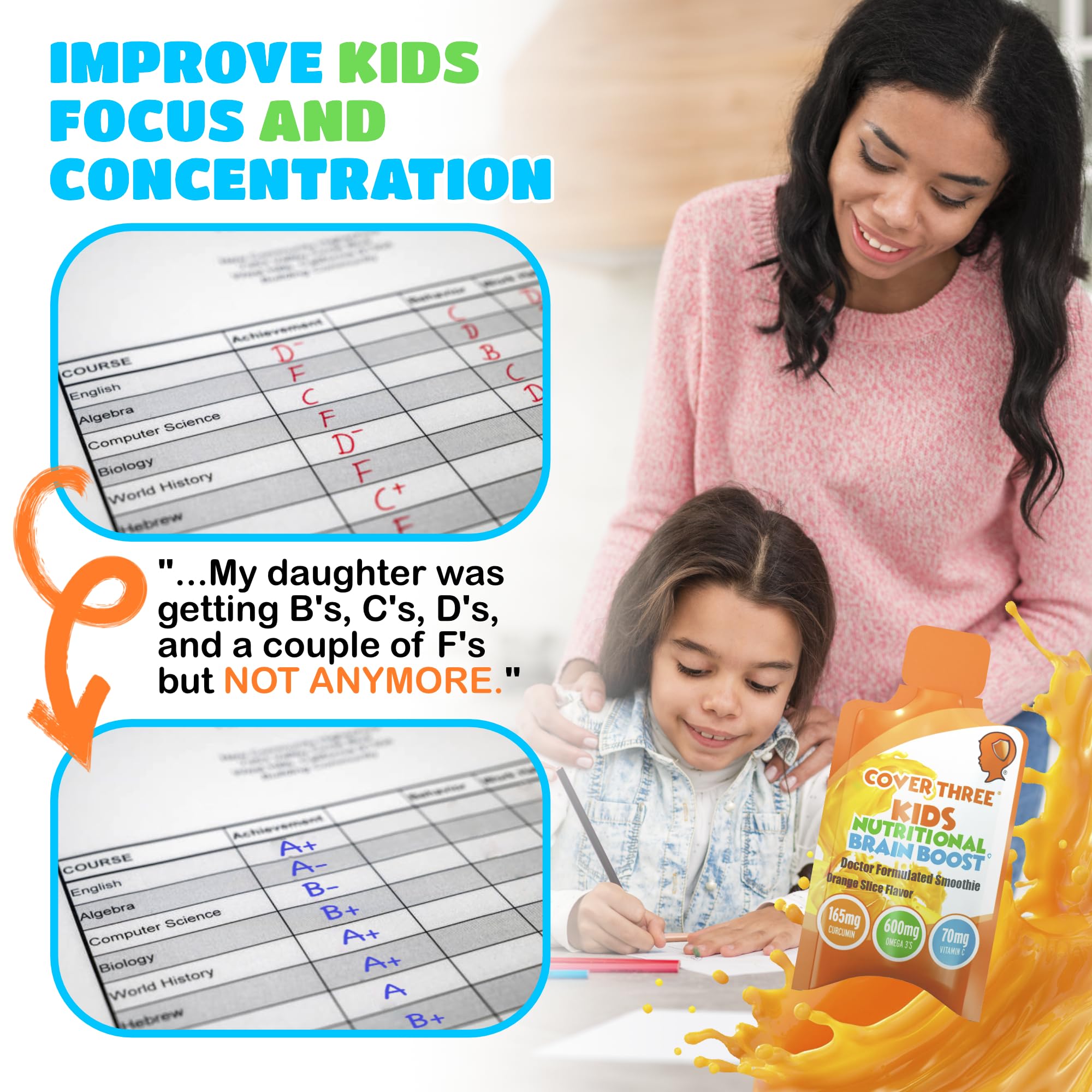 Cover Three Kids Brain Supplement Smoothie – Omega-3 DHA for Focus, Vision & Heart (20 Pouches, 3 Boxes)