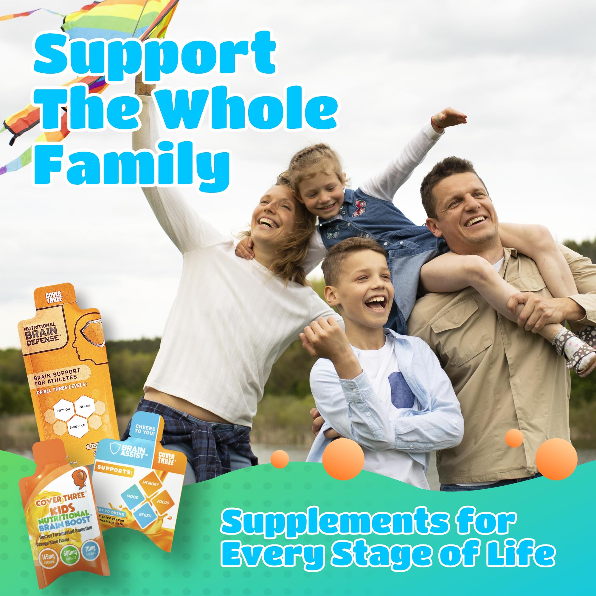 Cover Three Kids Brain Supplement Smoothie – Omega-3 DHA for Focus, Vision & Heart (20 Pouches, 3 Boxes)